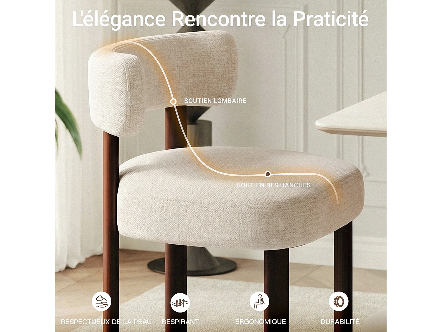 Lot de 2 chaises de salle à manger en bois massif couleur avoine SMARTUE, tissu bouclé, dossier incurvé