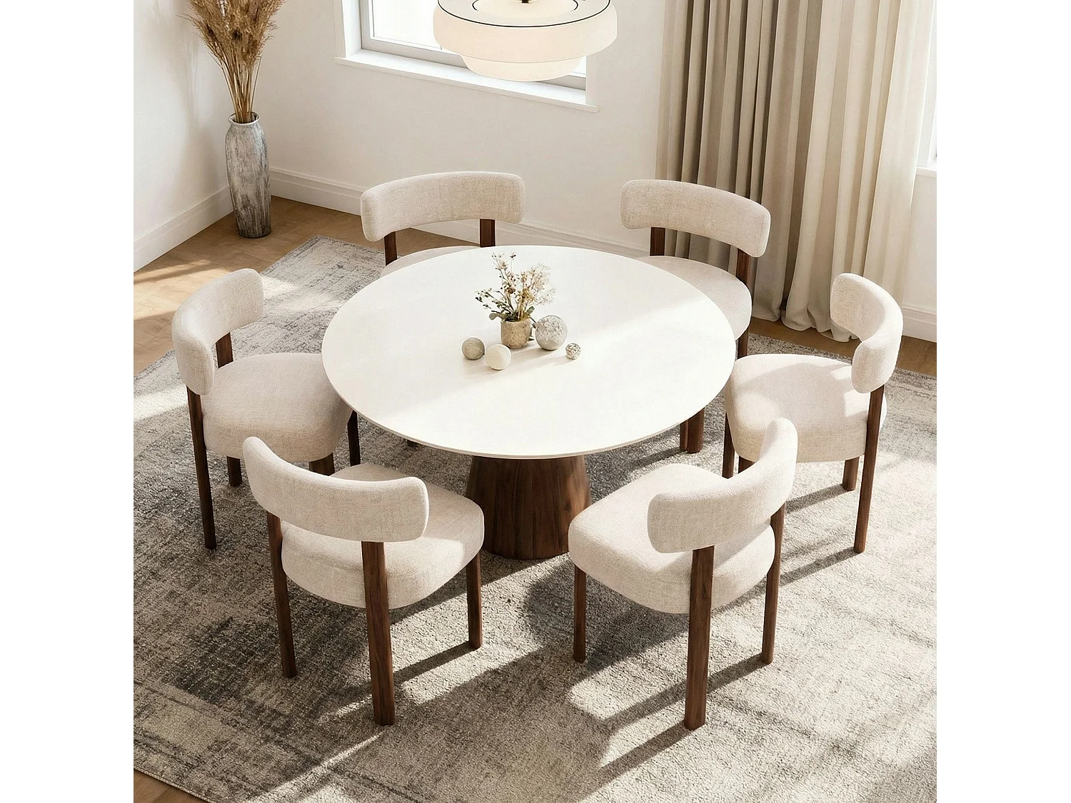Lot de 2 chaises de salle à manger en bois massif couleur avoine SMARTUE, tissu bouclé, dossier incurvé
