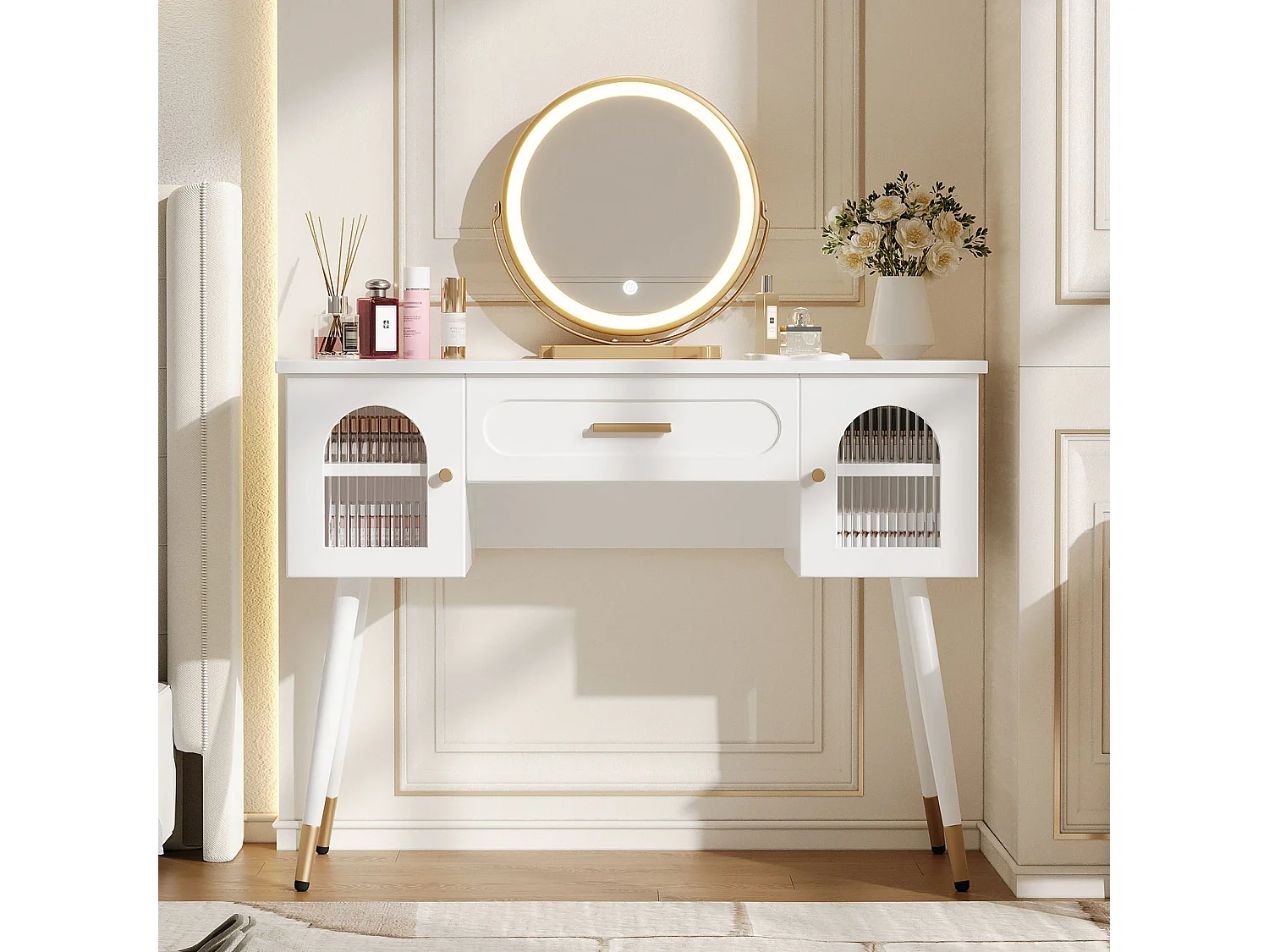 Dressing table with mirror 100x42x112cm - with LED - with 1 drawer and 2 doors - large storage space - White