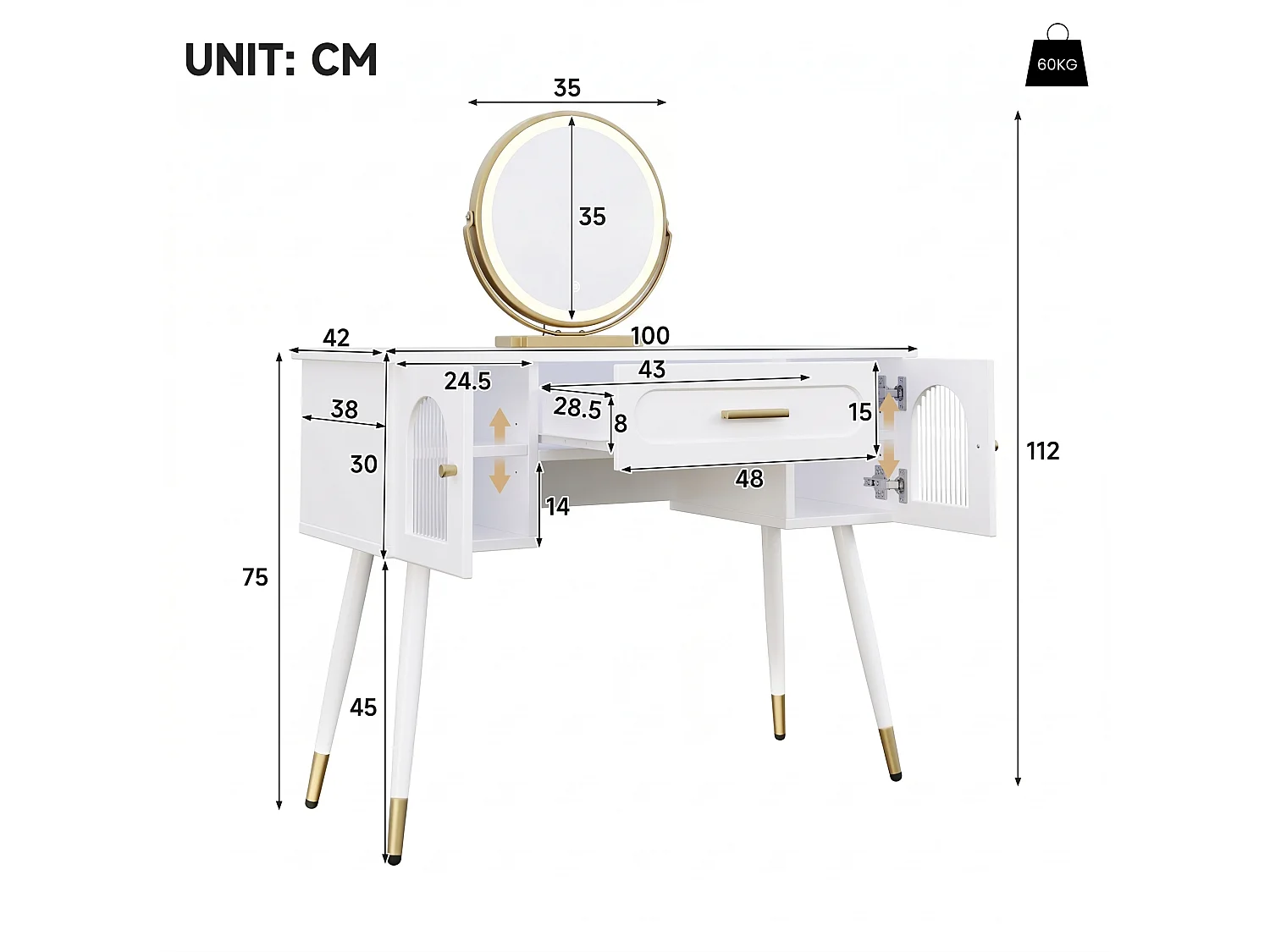 Dressing table with mirror 100x42x112cm - with LED - with 1 drawer and 2 doors - large storage space - White