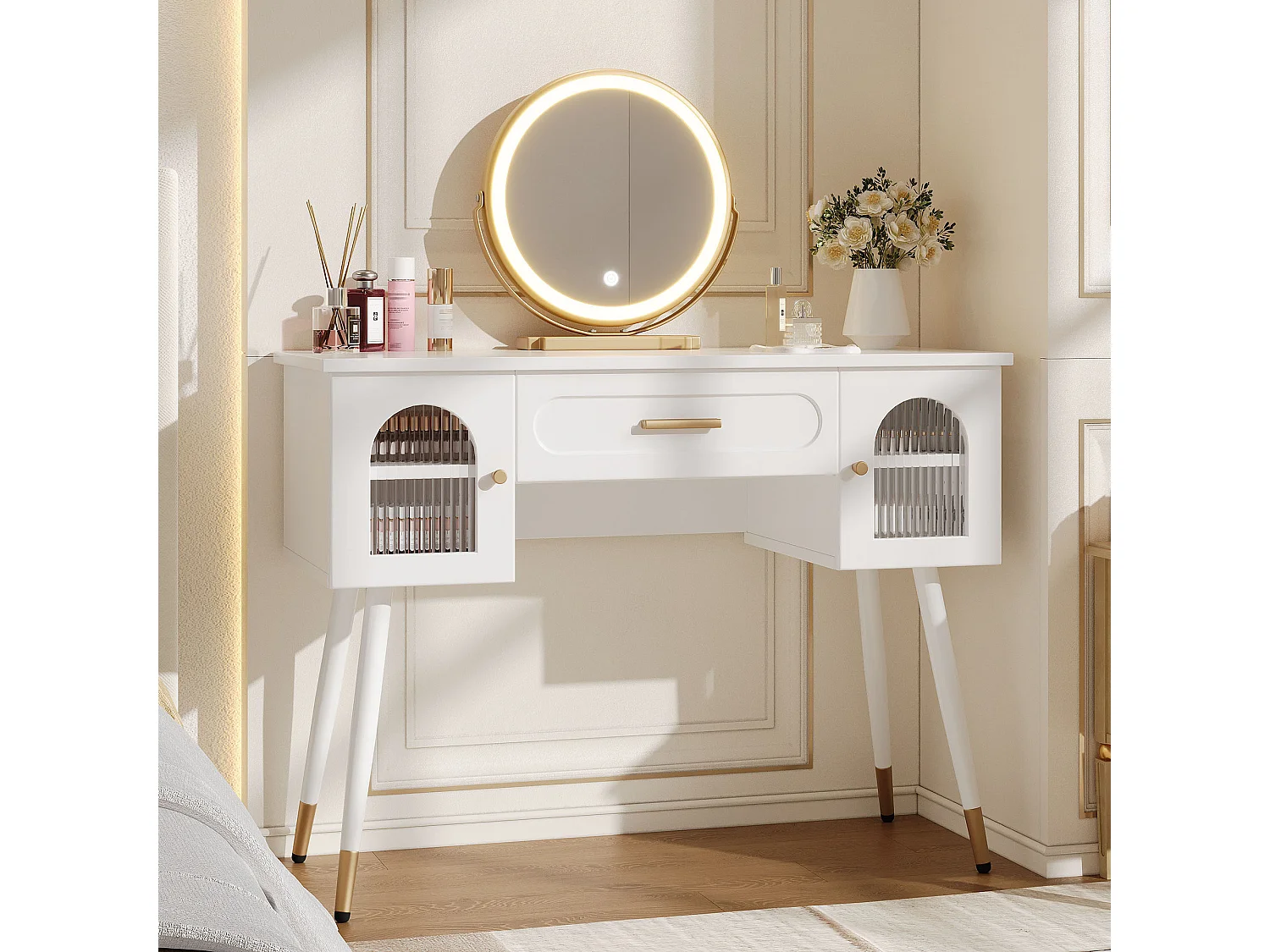 Dressing table with mirror 100x42x112cm - with LED - with 1 drawer and 2 doors - large storage space - White