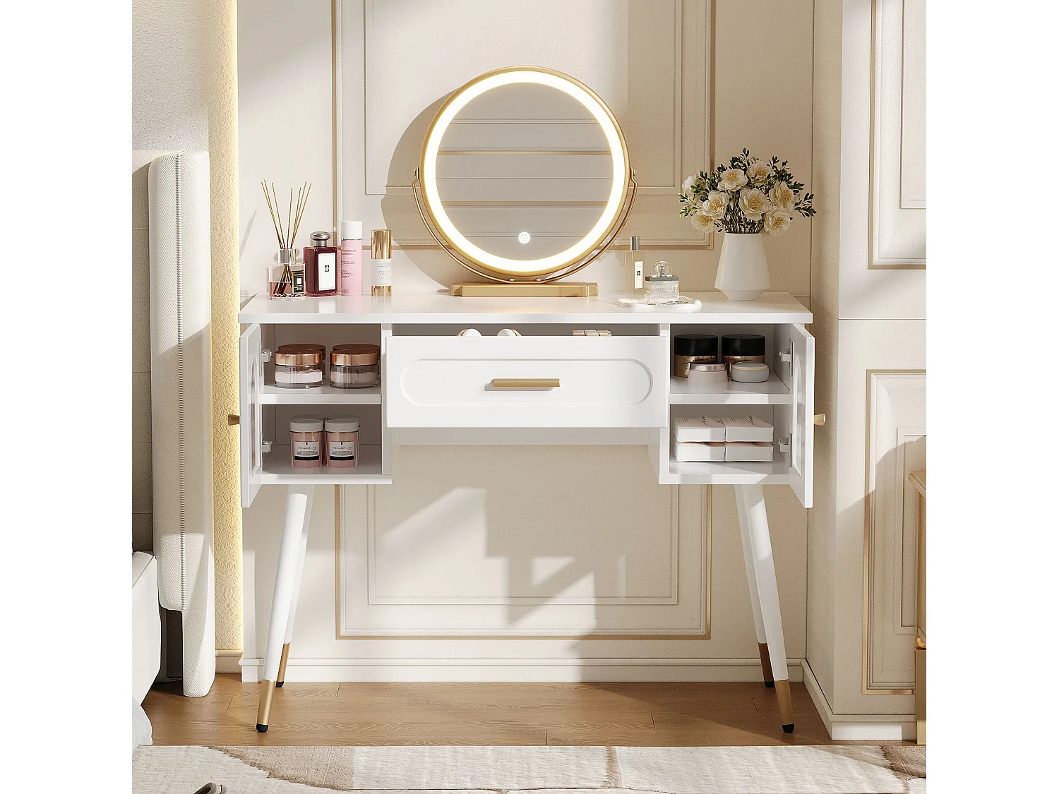 Dressing table with mirror 100x42x112cm - with LED - with 1 drawer and 2 doors - large storage space - White