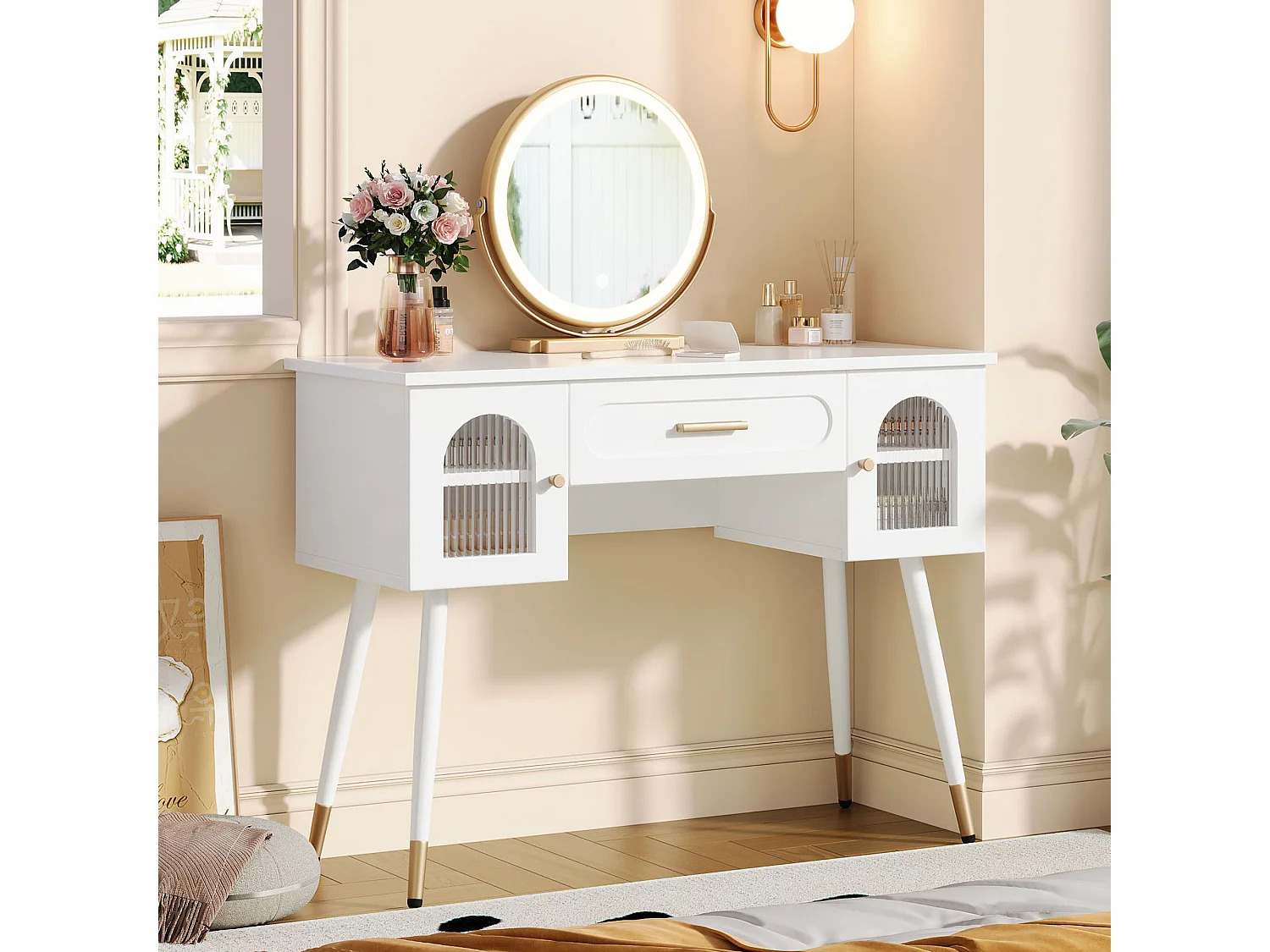 Dressing table with mirror 100x42x112cm - with LED - with 1 drawer and 2 doors - large storage space - White