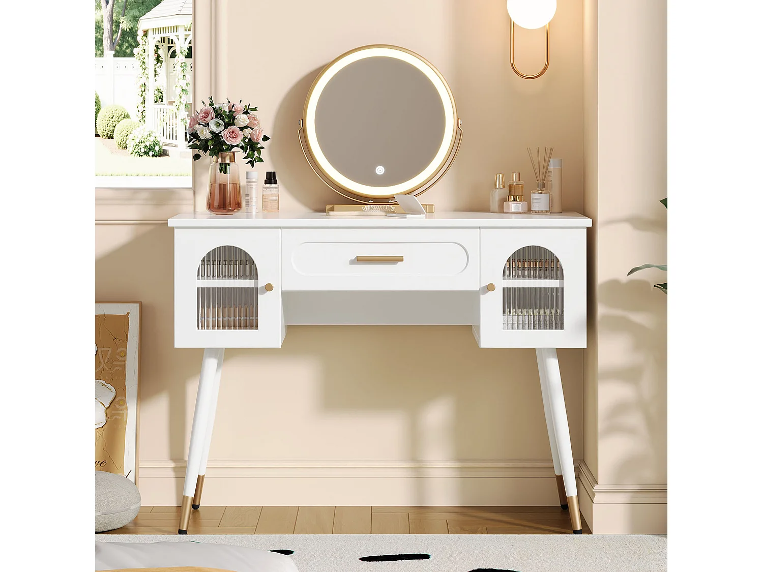 Dressing table with mirror 100x42x112cm - with LED - with 1 drawer and 2 doors - large storage space - White
