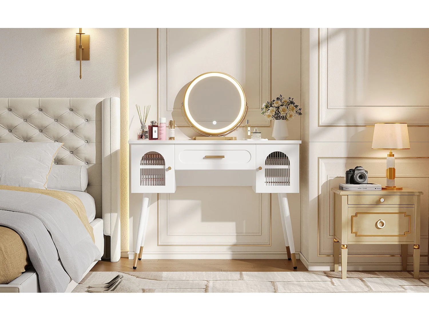 Dressing table with mirror 100x42x112cm - with LED - with 1 drawer and 2 doors - large storage space - White