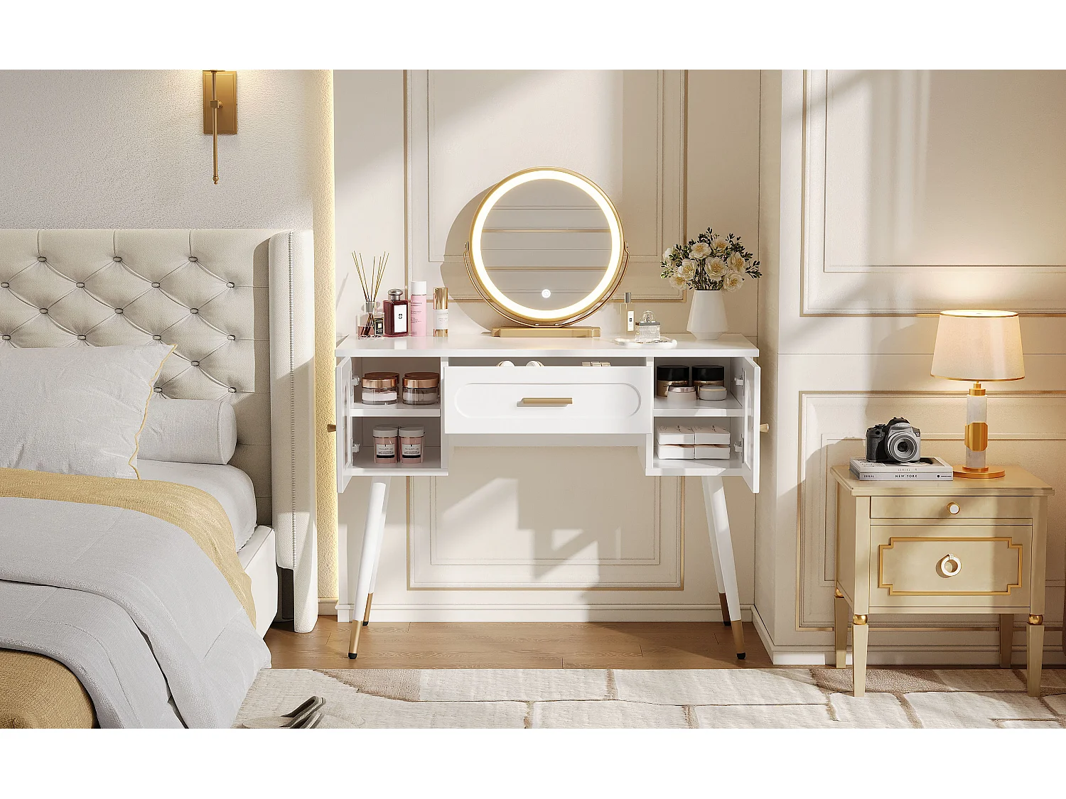 Dressing table with mirror 100x42x112cm - with LED - with 1 drawer and 2 doors - large storage space - White