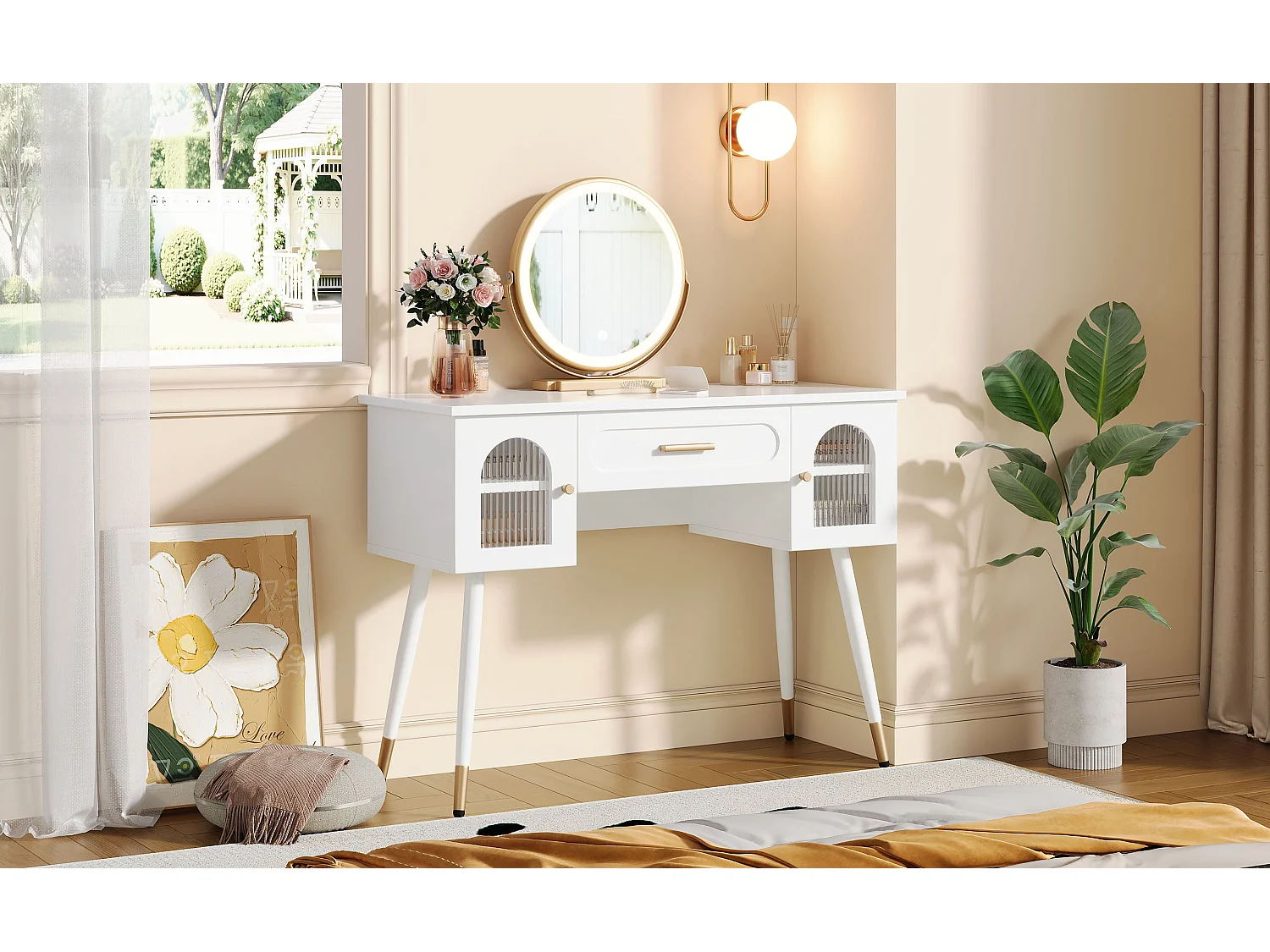 Dressing table with mirror 100x42x112cm - with LED - with 1 drawer and 2 doors - large storage space - White