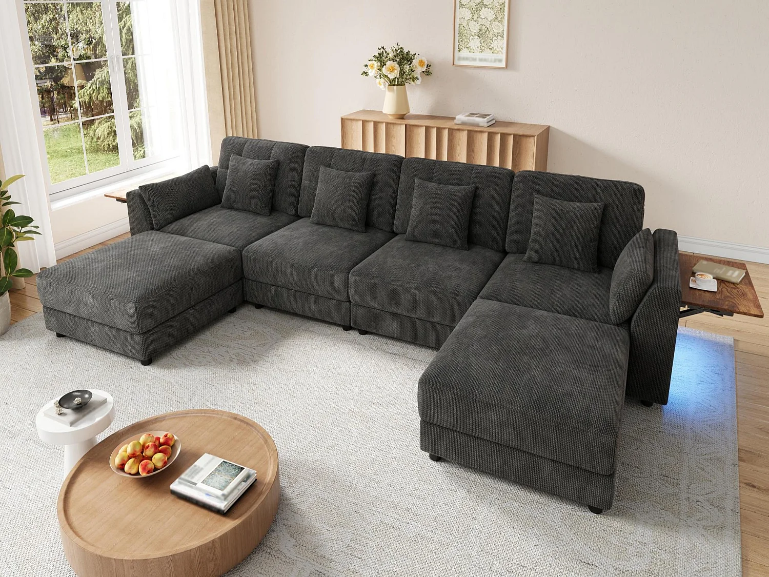 U-shaped/L-shaped corner sofa - 2 mobile footrests - with LED lighting - foldable side table - with 6 cushions - chenille fabric - grey