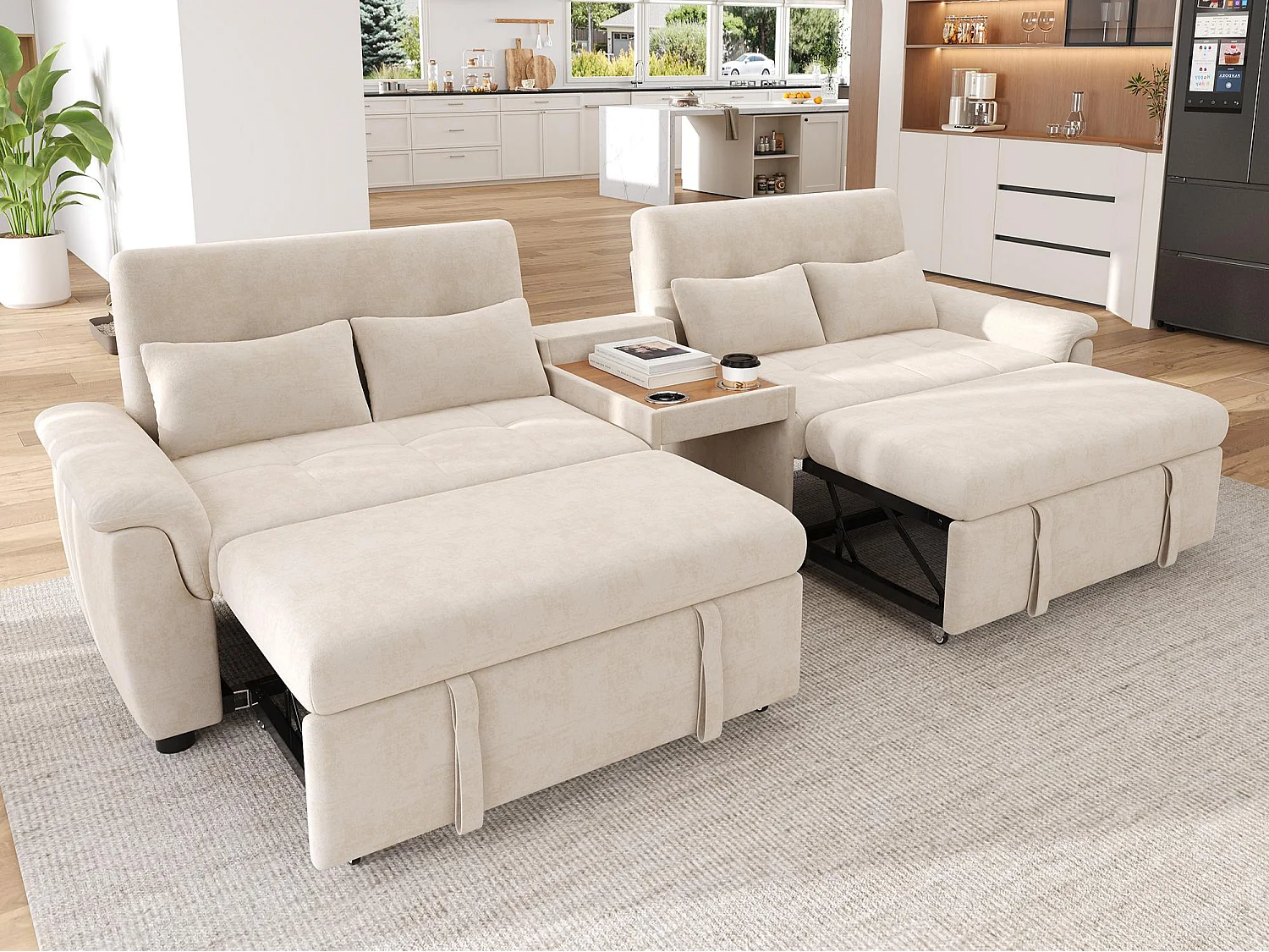 Extendable sofa - adjustable backrest - double sleeping space - Coffee table with 2 cup holders - 4 cushions - Chenille - Beige