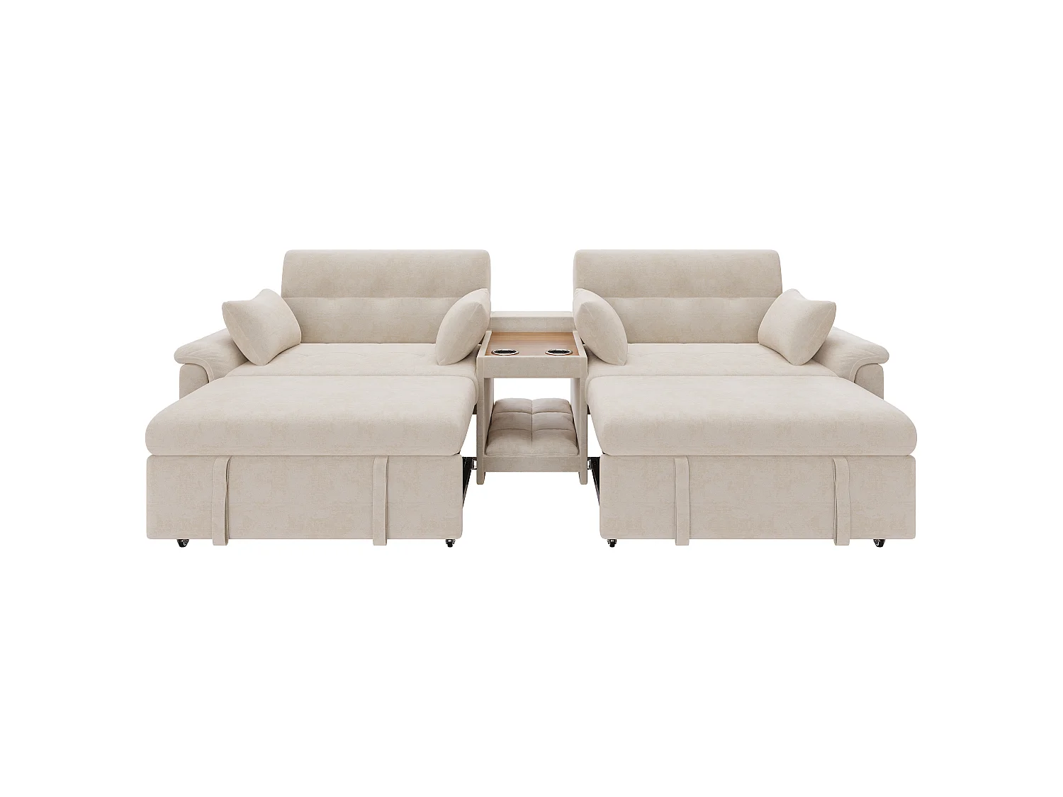 Extendable sofa - adjustable backrest - double sleeping space - Coffee table with 2 cup holders - 4 cushions - Chenille - Beige