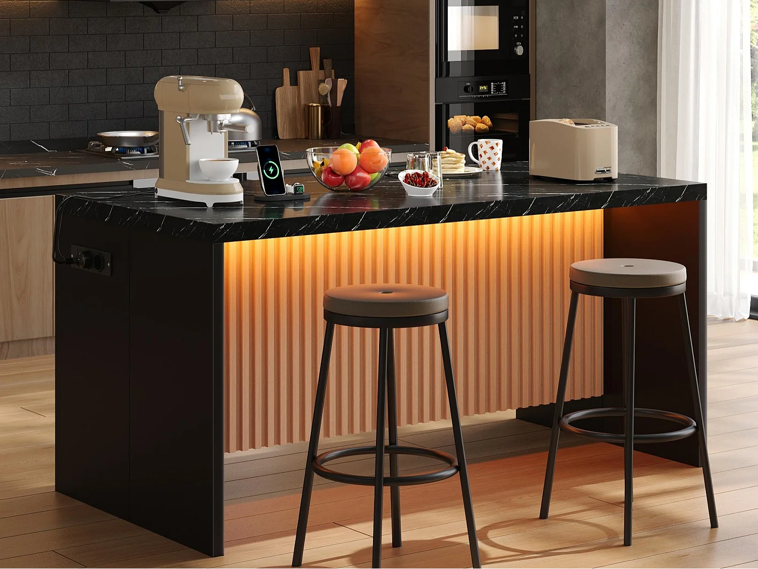 Ilha central de cozinha - com iluminação LED - com 2 tomadas, 2 portas USB - balcão com padrão mármore - Preto