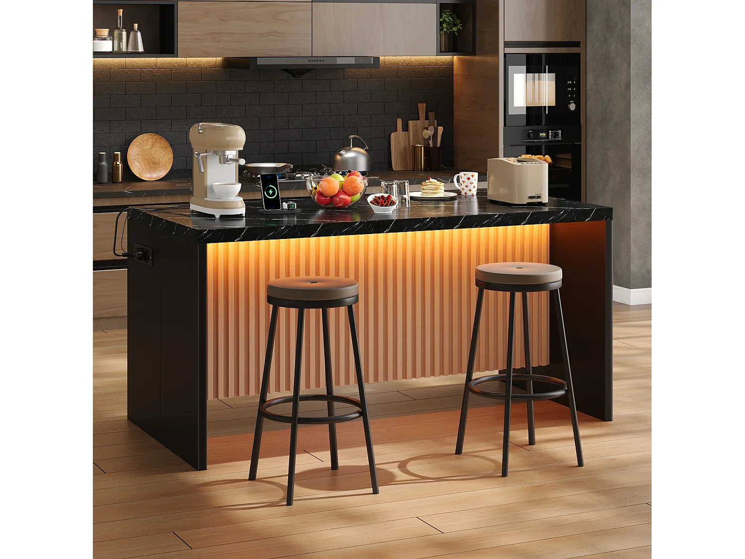 Ilha central de cozinha - com iluminação LED - com 2 tomadas, 2 portas USB - balcão com padrão mármore - Preto