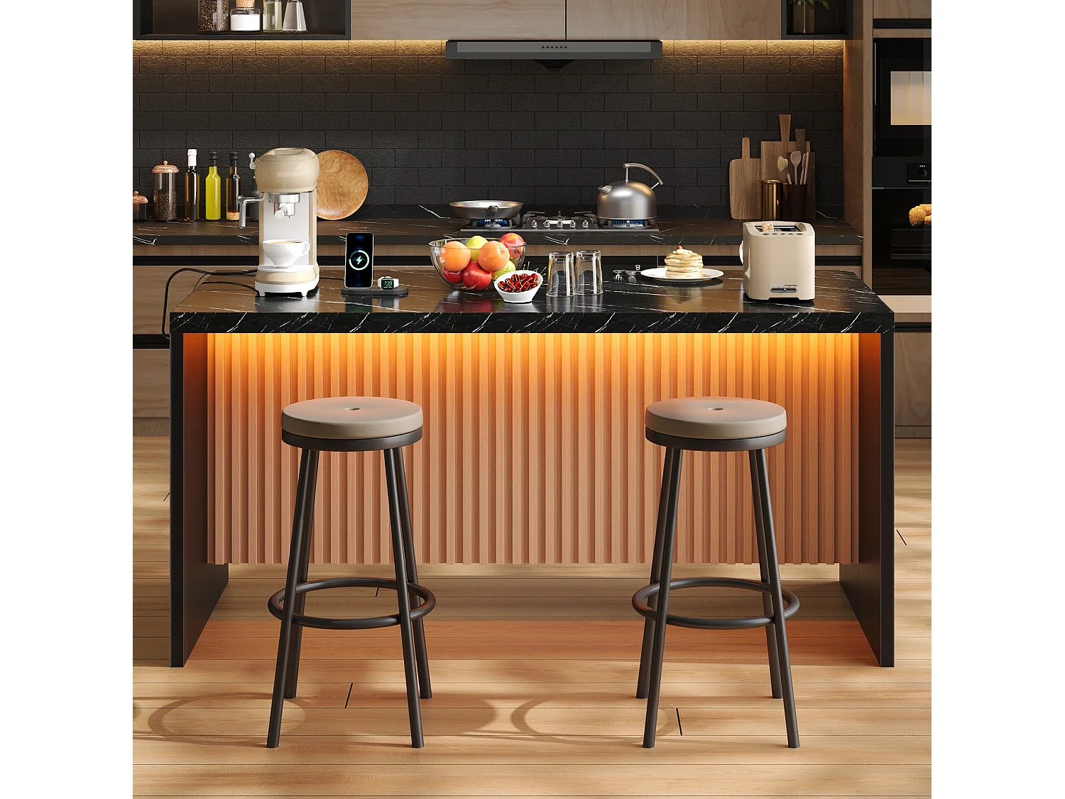 Ilha central de cozinha - com iluminação LED - com 2 tomadas, 2 portas USB - balcão com padrão mármore - Preto