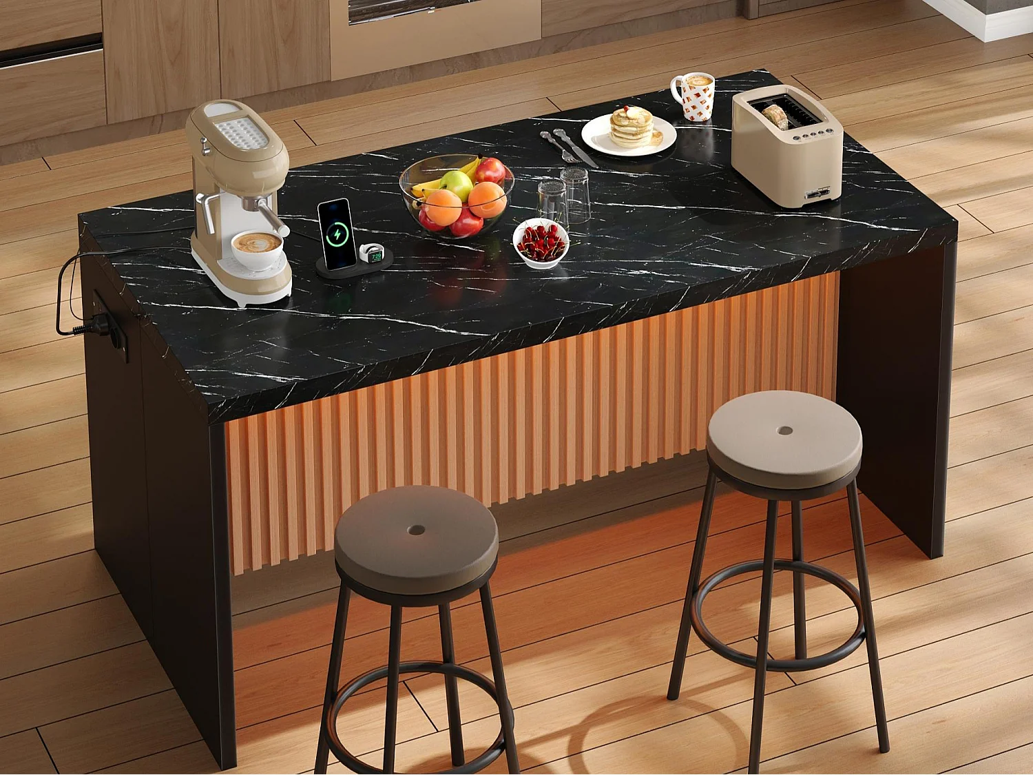 Ilha central de cozinha - com iluminação LED - com 2 tomadas, 2 portas USB - balcão com padrão mármore - Preto