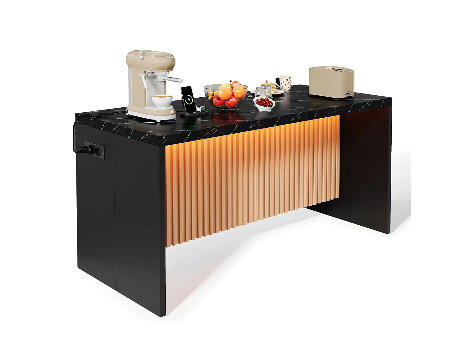 Ilha central de cozinha - com iluminação LED - com 2 tomadas, 2 portas USB - balcão com padrão mármore - Preto