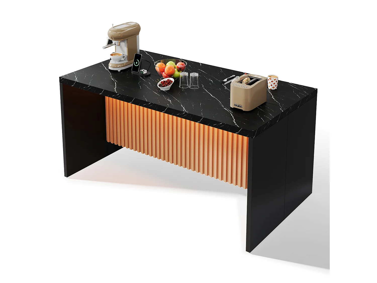 Ilha central de cozinha - com iluminação LED - com 2 tomadas, 2 portas USB - balcão com padrão mármore - Preto