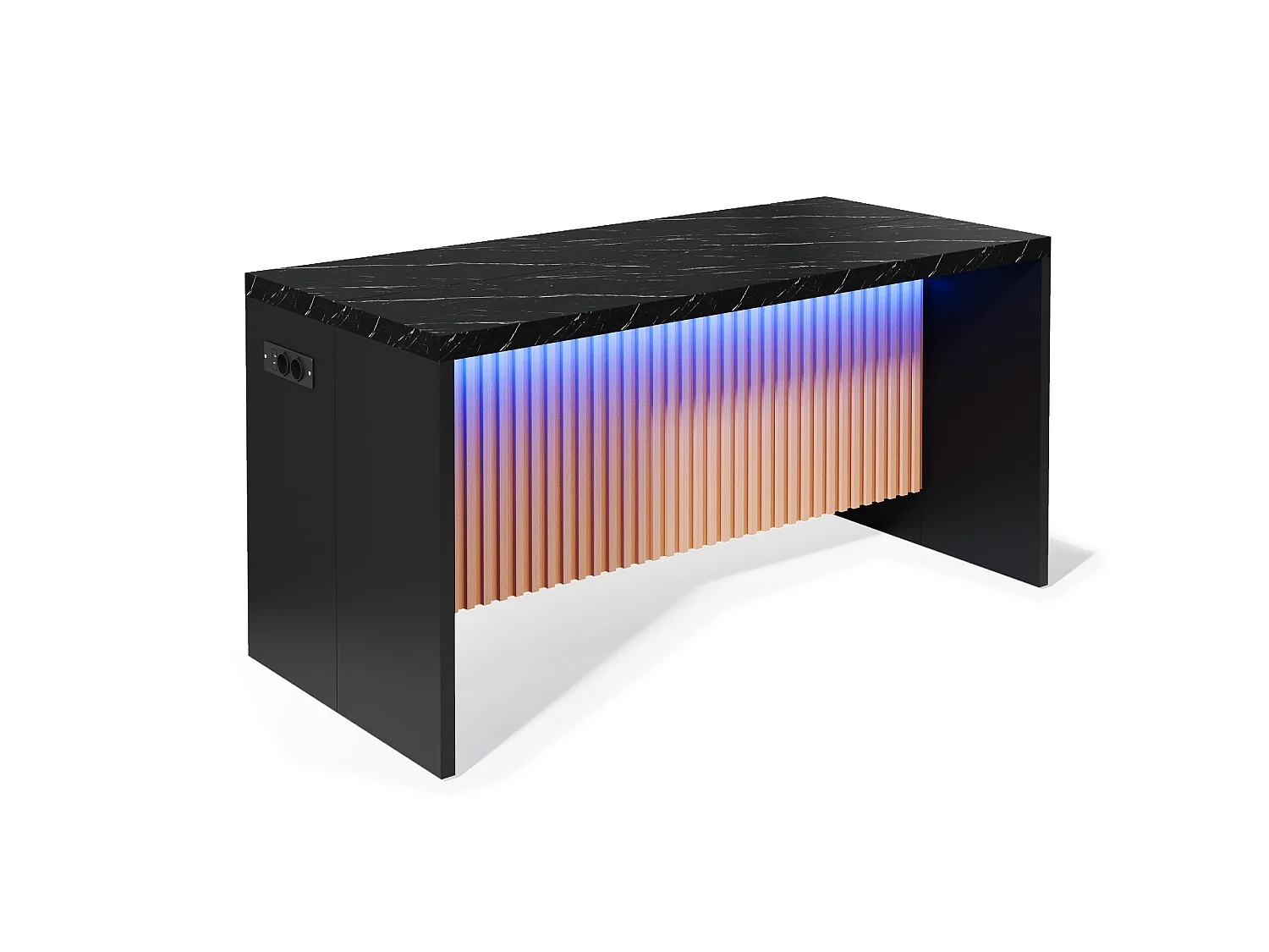 Ilha central de cozinha - com iluminação LED - com 2 tomadas, 2 portas USB - balcão com padrão mármore - Preto