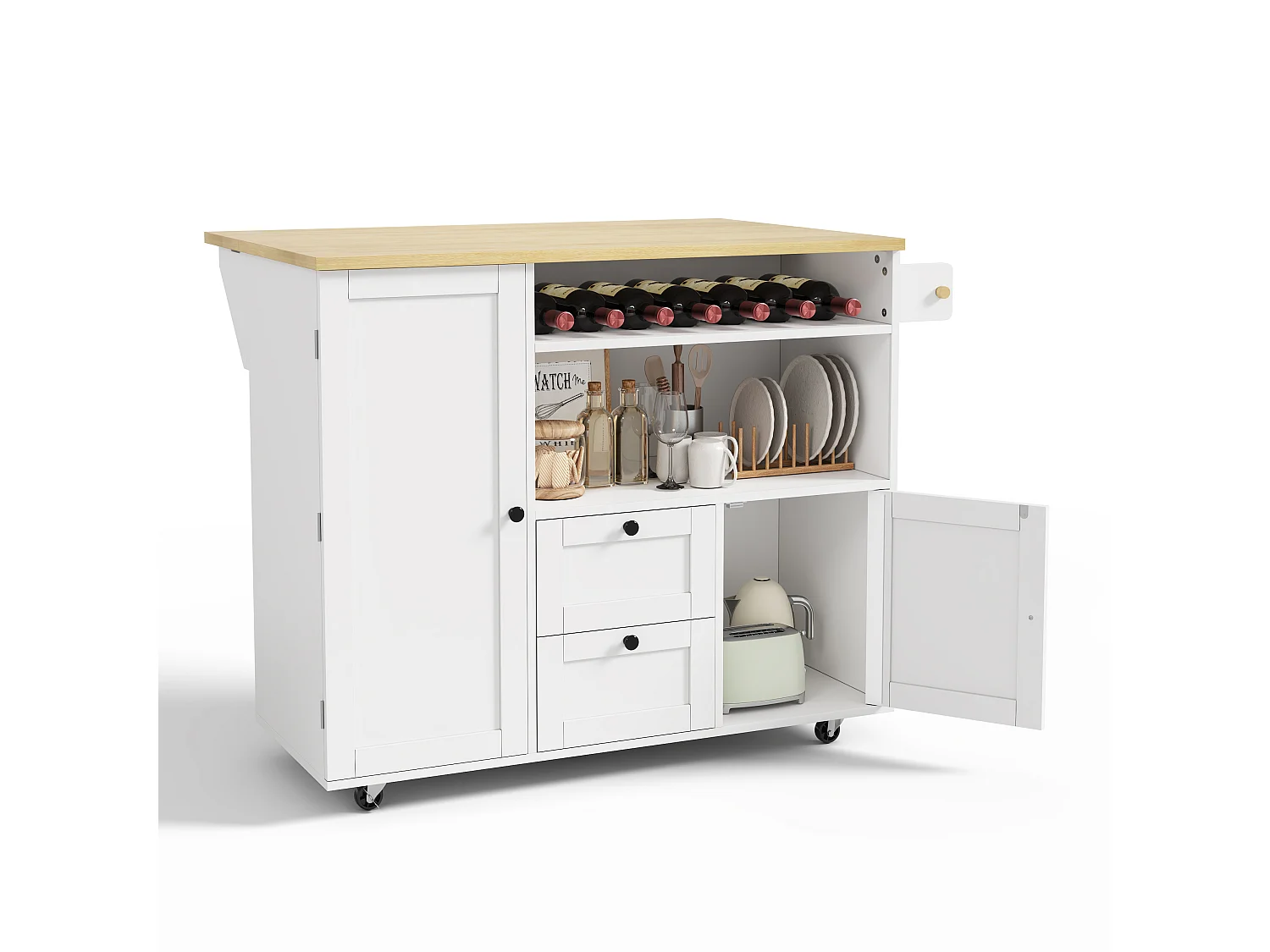 Isola centrale da cucina mobile - tavolo da pranzo pieghevole - con 2 ante e 2 cassetti - cantinetta per vino e rotelle bloccabili - Bianco