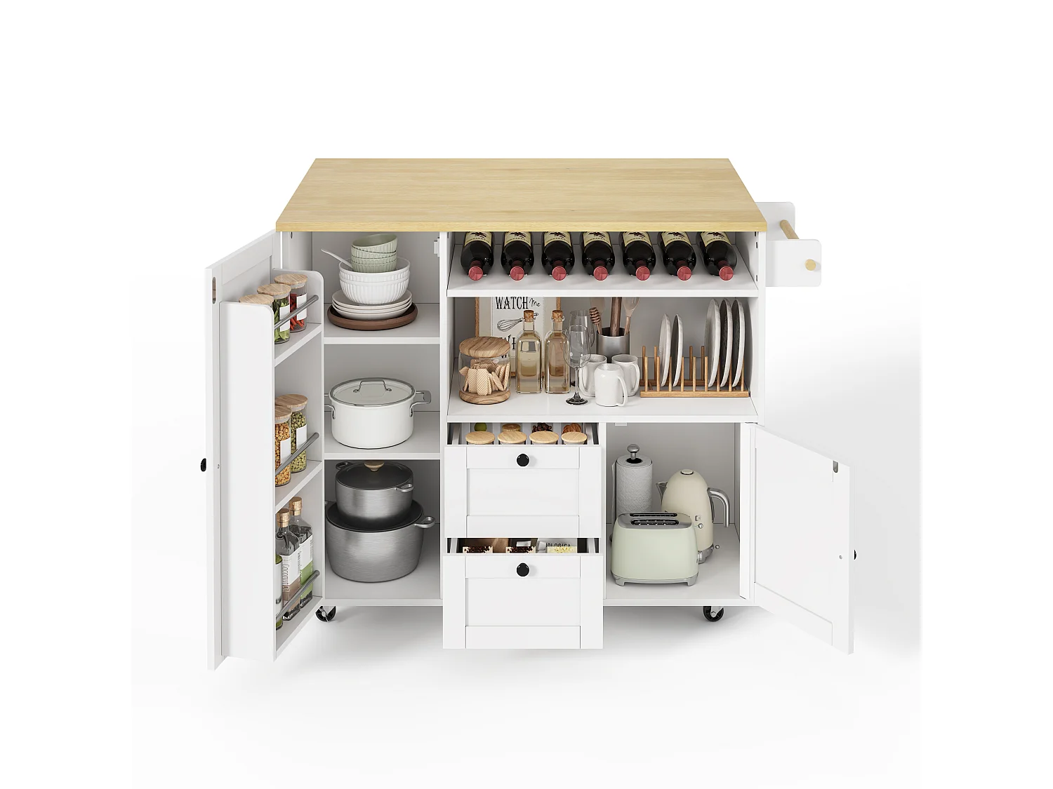 Isola centrale da cucina mobile - tavolo da pranzo pieghevole - con 2 ante e 2 cassetti - cantinetta per vino e rotelle bloccabili - Bianco