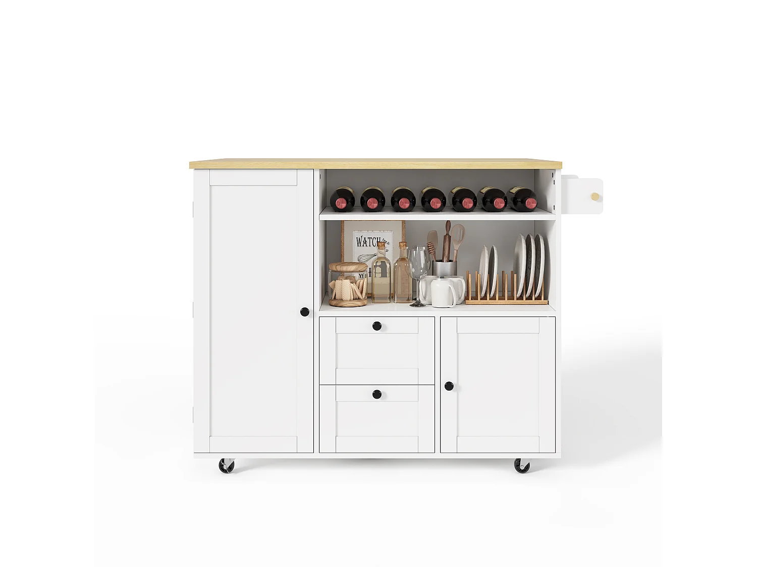 Isola centrale da cucina mobile - tavolo da pranzo pieghevole - con 2 ante e 2 cassetti - cantinetta per vino e rotelle bloccabili - Bianco