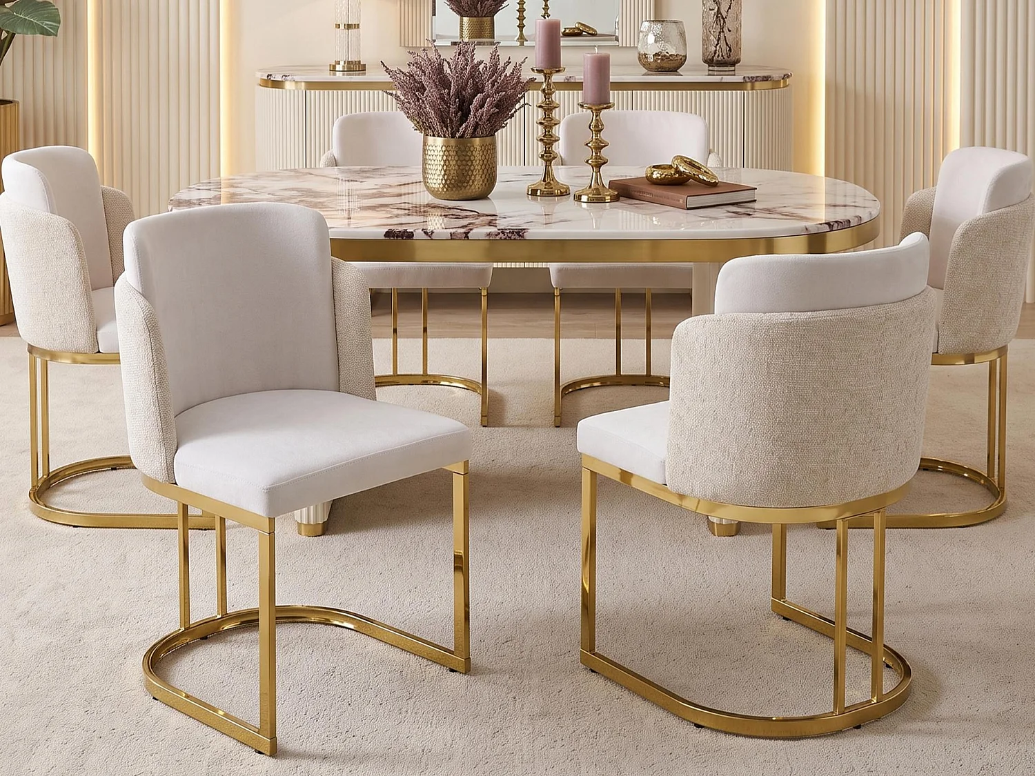 Set of 6 dining chairs - Modern style - Gold-plated feet - Chenille fabric - Beige and gold