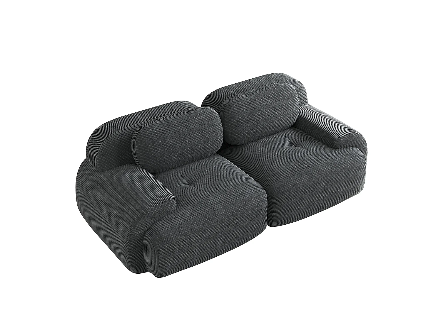 Canapé modulable 2 places velours côtelé, accoudoirs incurvés, rembourrage élastique, gris