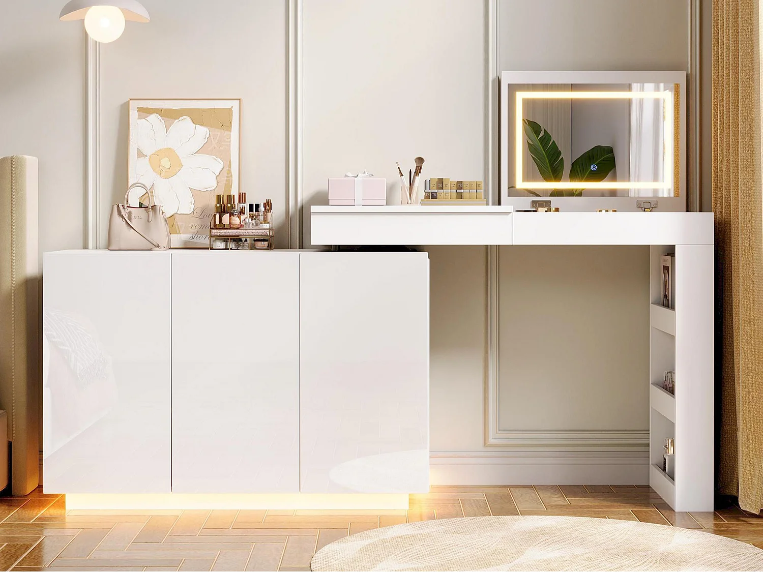 Swivel dressing table with mirror 100x40x80cm - with adjustable LED - with 1 drawer and 3 doors - open storage compartments - White