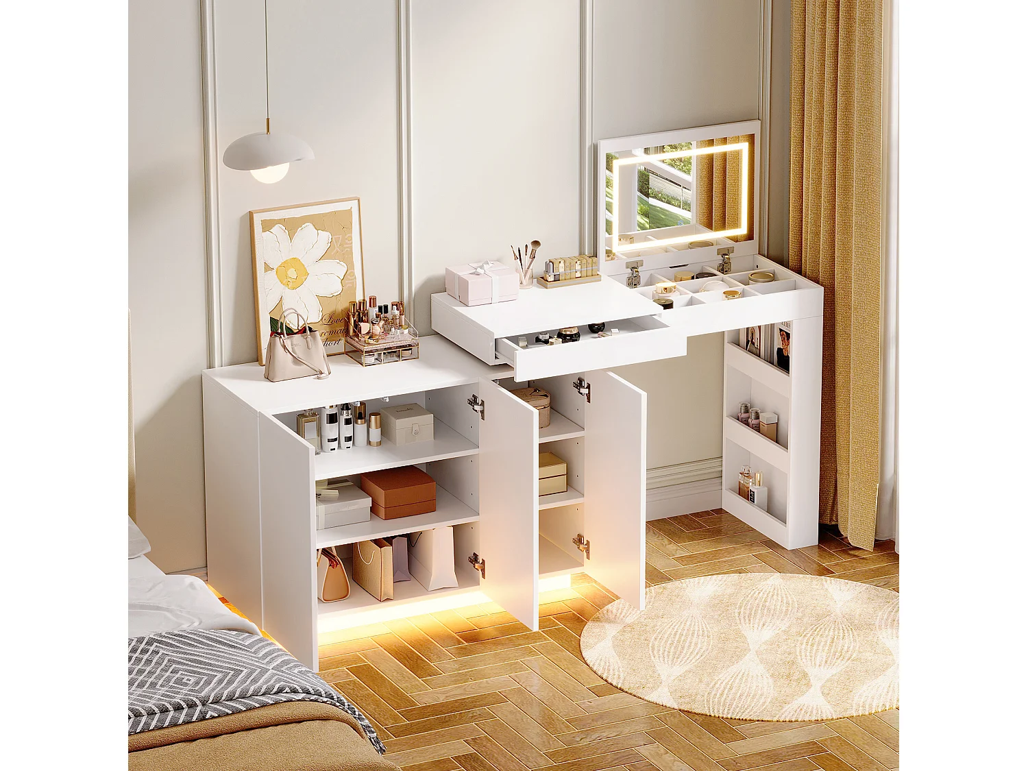 Swivel dressing table with mirror 100x40x80cm - with adjustable LED - with 1 drawer and 3 doors - open storage compartments - White