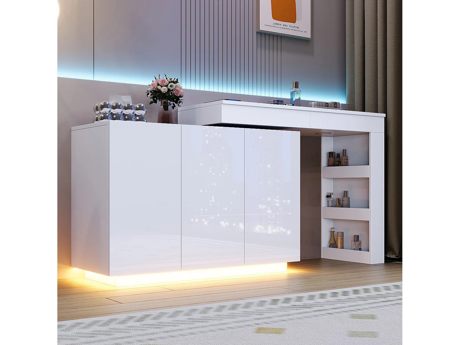 Swivel dressing table with mirror 100x40x80cm - with adjustable LED - with 1 drawer and 3 doors - open storage compartments - White