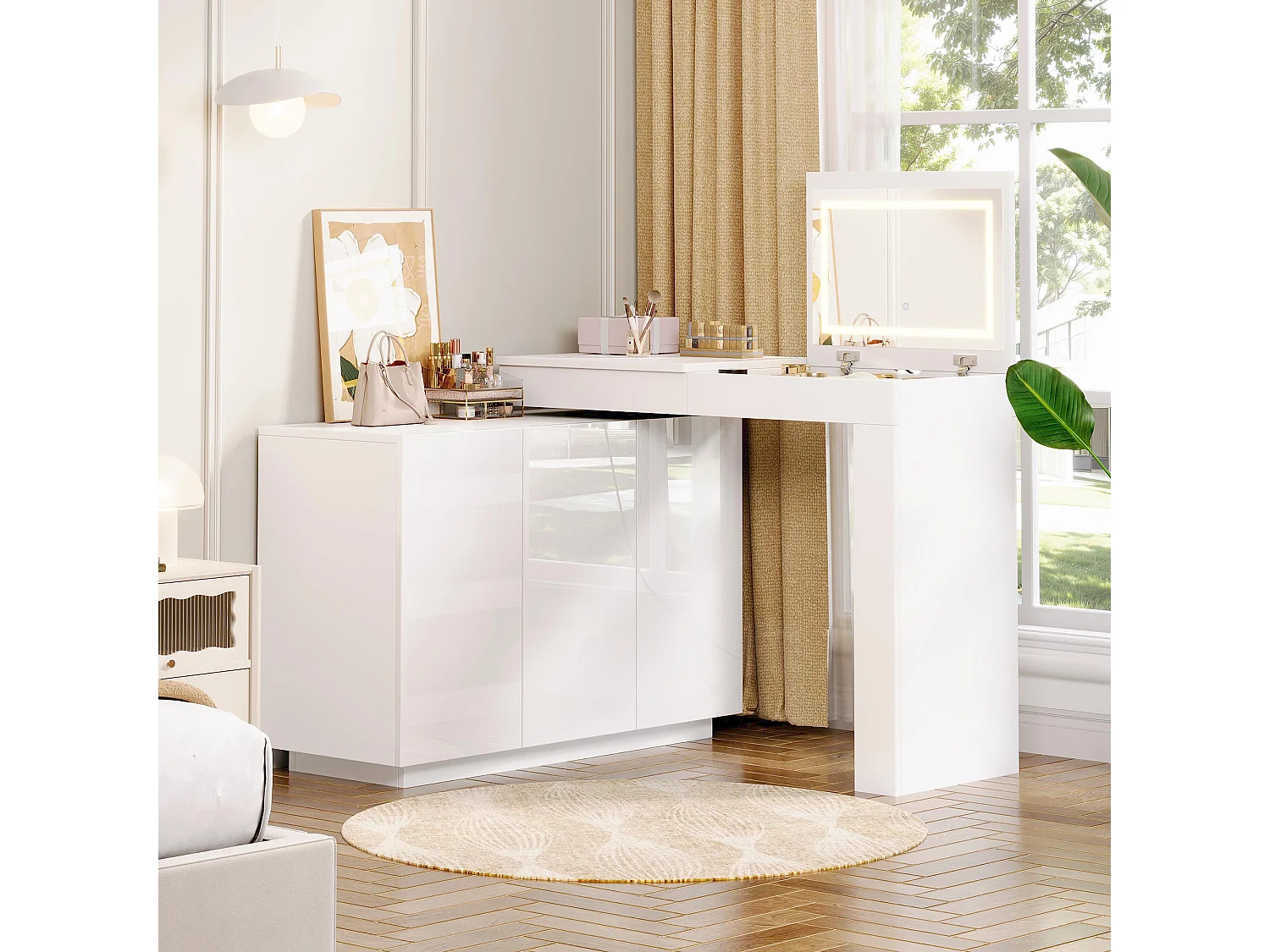Swivel dressing table with mirror 100x40x80cm - with adjustable LED - with 1 drawer and 3 doors - open storage compartments - White