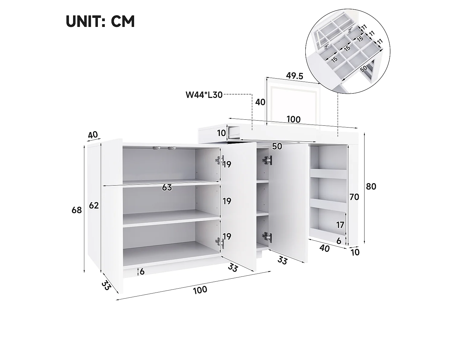 Swivel dressing table with mirror 100x40x80cm - with adjustable LED - with 1 drawer and 3 doors - open storage compartments - White