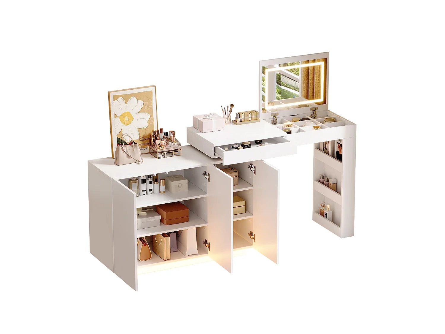 Swivel dressing table with mirror 100x40x80cm - with adjustable LED - with 1 drawer and 3 doors - open storage compartments - White