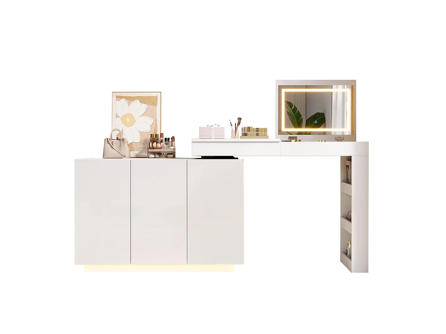 Swivel dressing table with mirror 100x40x80cm - with adjustable LED - with 1 drawer and 3 doors - open storage compartments - White