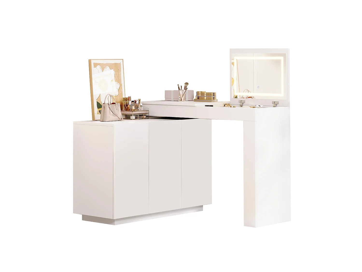 Swivel dressing table with mirror 100x40x80cm - with adjustable LED - with 1 drawer and 3 doors - open storage compartments - White