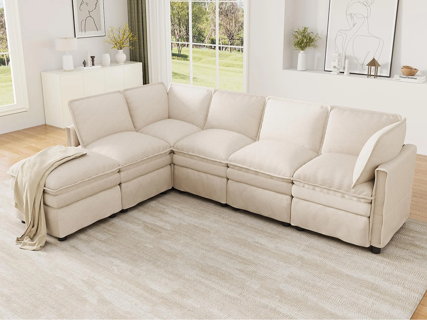U-shaped/L-shaped corner sofa - with mobile footrest - with sleep function - double-layer seat cushion - chenille fabric - beige