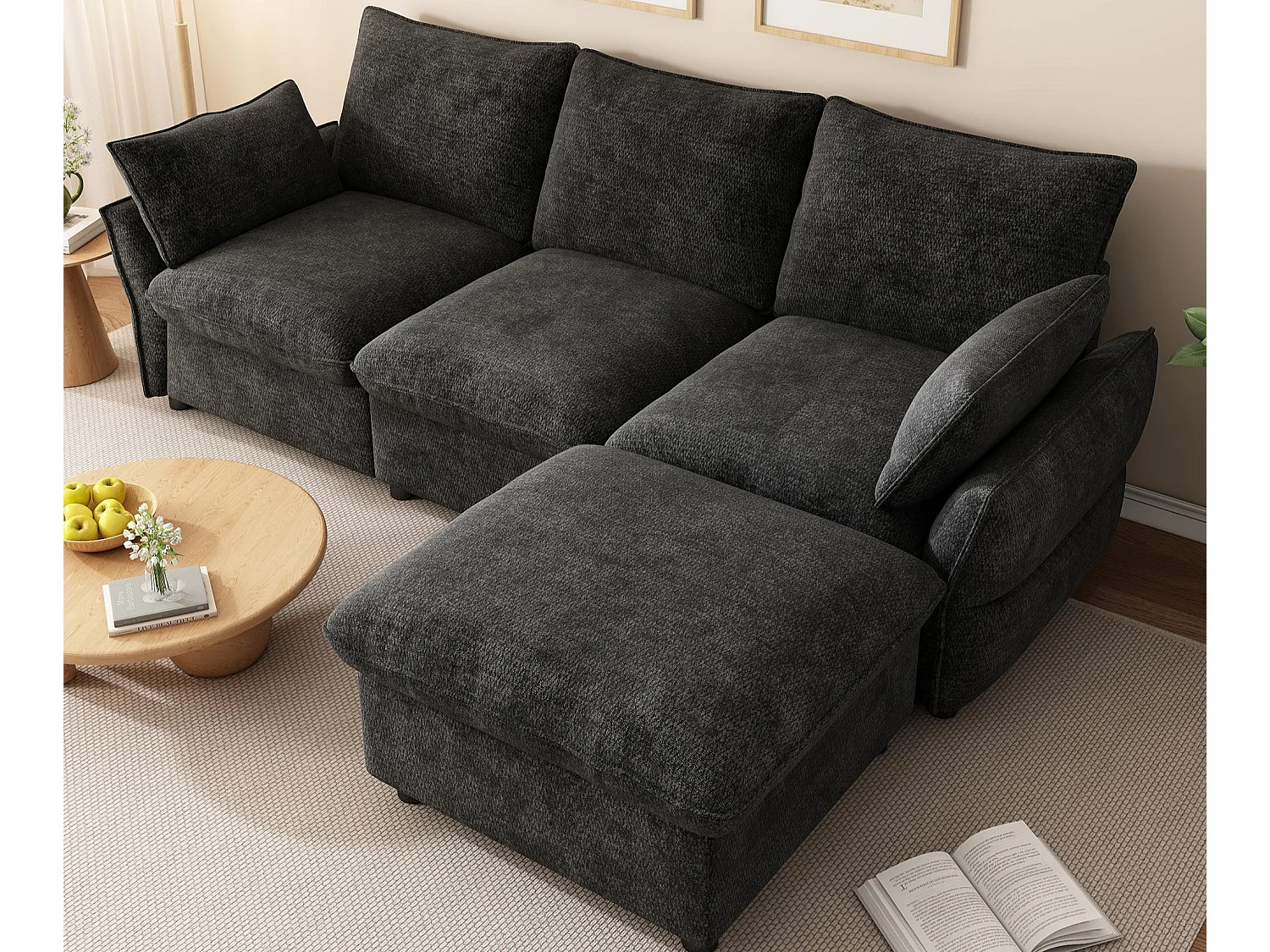 Canapé d'angle moderne  222,5 × 154,5 × 76,5 cm - 3 places - avec 1 repose-pieds - tissu chenille - gris foncé