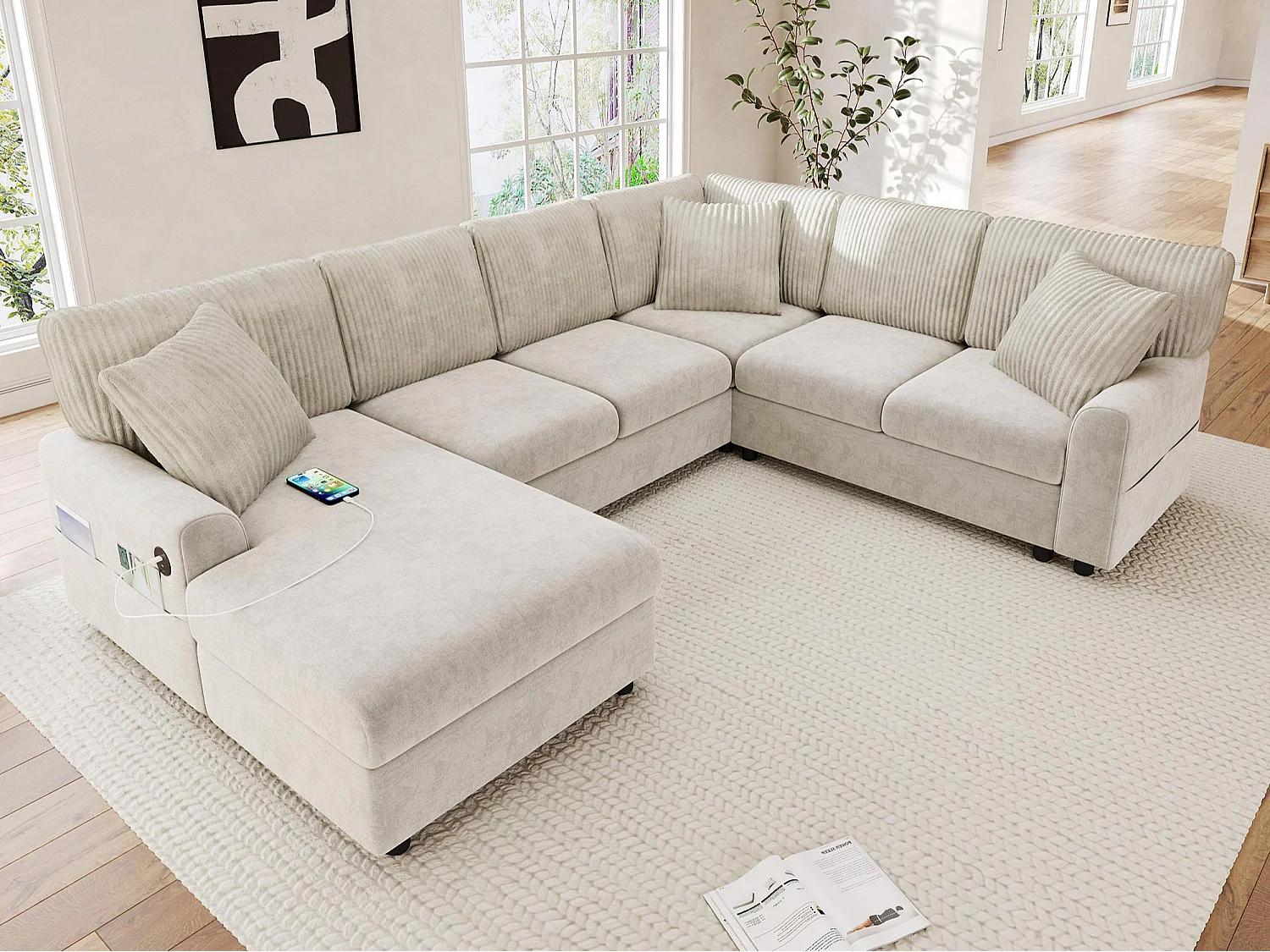 Canapé d'angle moderne en forme de U - avec 1 méridienne, 3 coussins, 1 port USB et 1 port Type-C - Chenille, velours côtelé - Beige