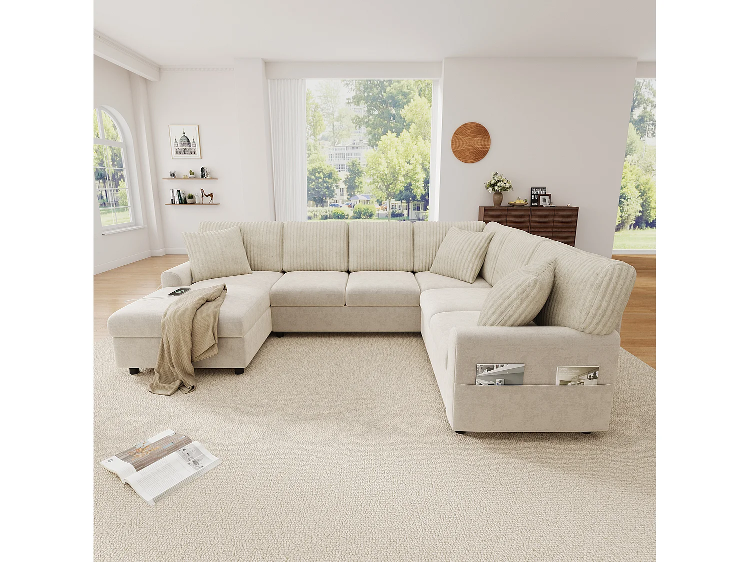 Canapé d'angle moderne en forme de U - avec 1 méridienne, 3 coussins, 1 port USB et 1 port Type-C - Chenille, velours côtelé - Beige