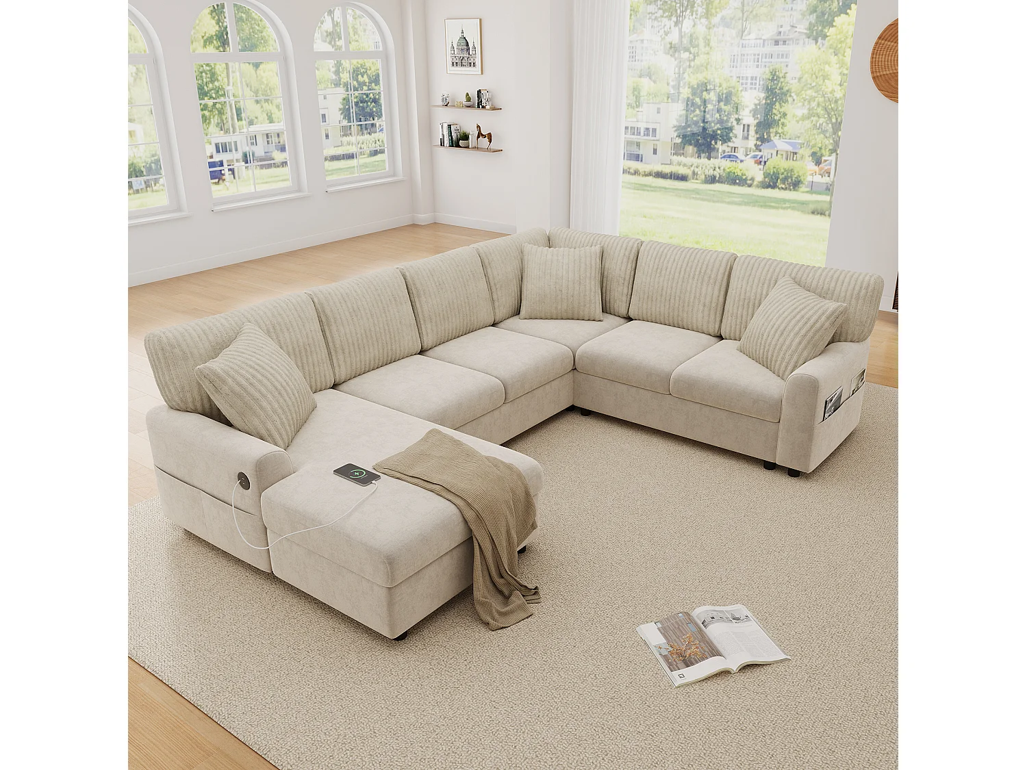 Canapé d'angle moderne en forme de U - avec 1 méridienne, 3 coussins, 1 port USB et 1 port Type-C - Chenille, velours côtelé - Beige
