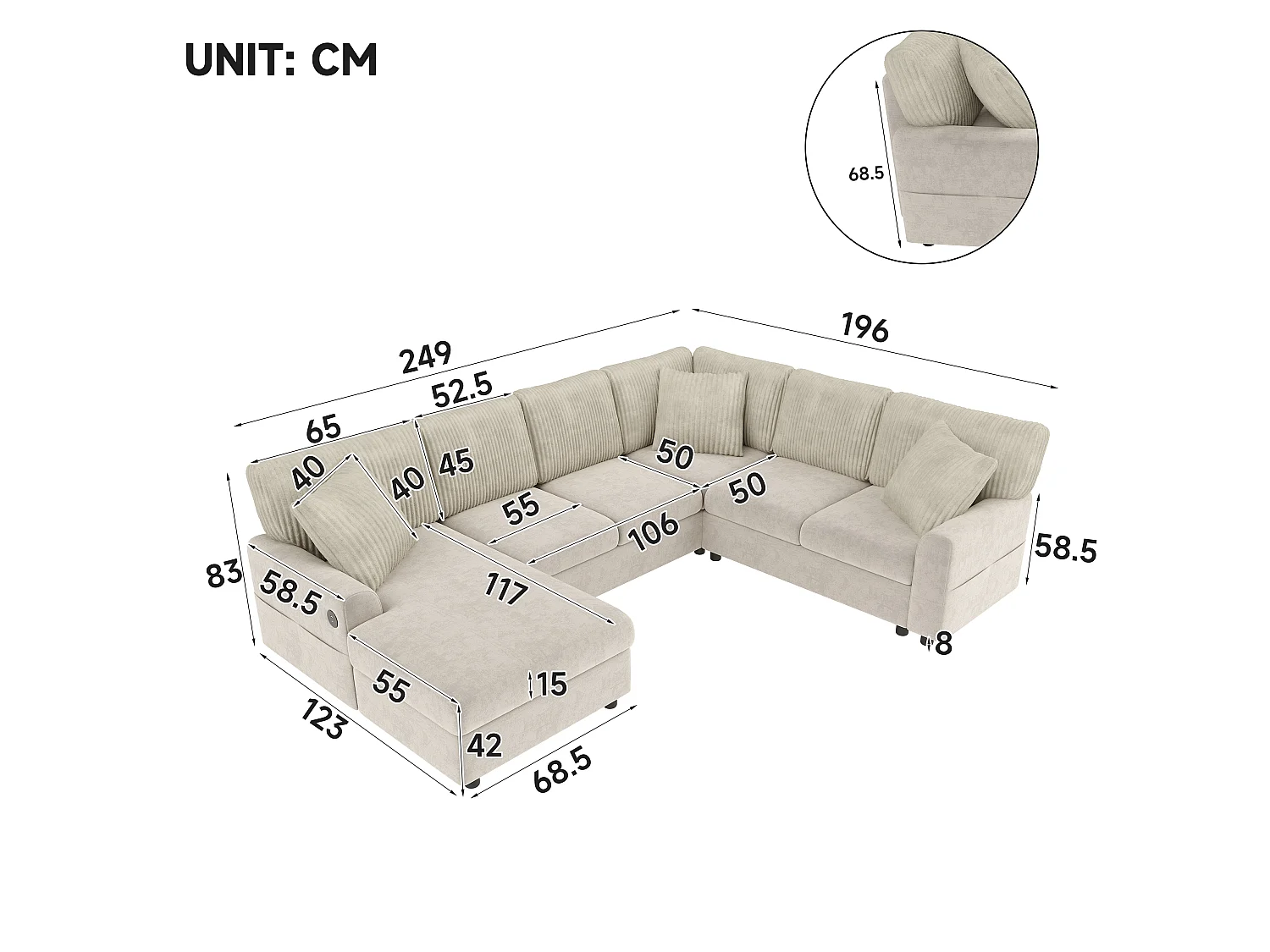 Canapé d'angle moderne en forme de U - avec 1 méridienne, 3 coussins, 1 port USB et 1 port Type-C - Chenille, velours côtelé - Beige