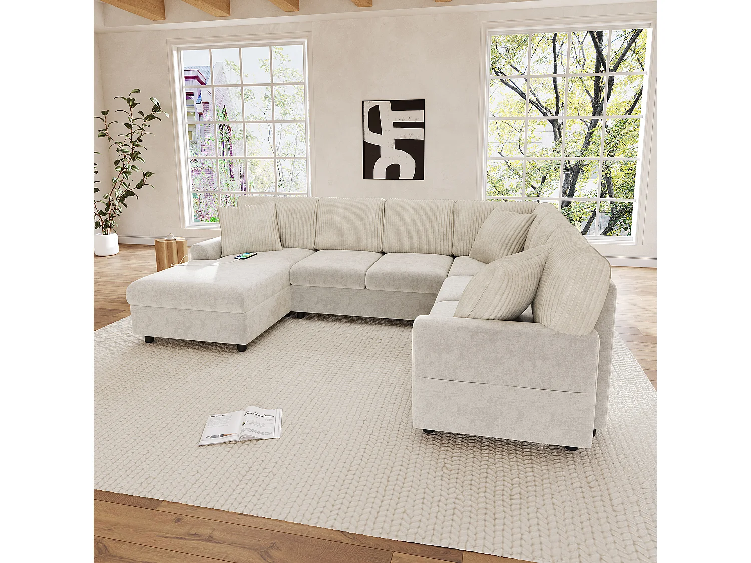 Canapé d'angle moderne en forme de U - avec 1 méridienne, 3 coussins, 1 port USB et 1 port Type-C - Chenille, velours côtelé - Beige