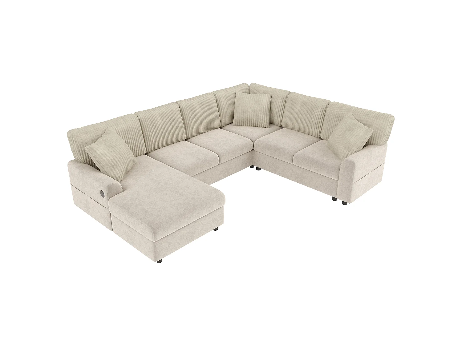 Canapé d'angle moderne en forme de U - avec 1 méridienne, 3 coussins, 1 port USB et 1 port Type-C - Chenille, velours côtelé - Beige
