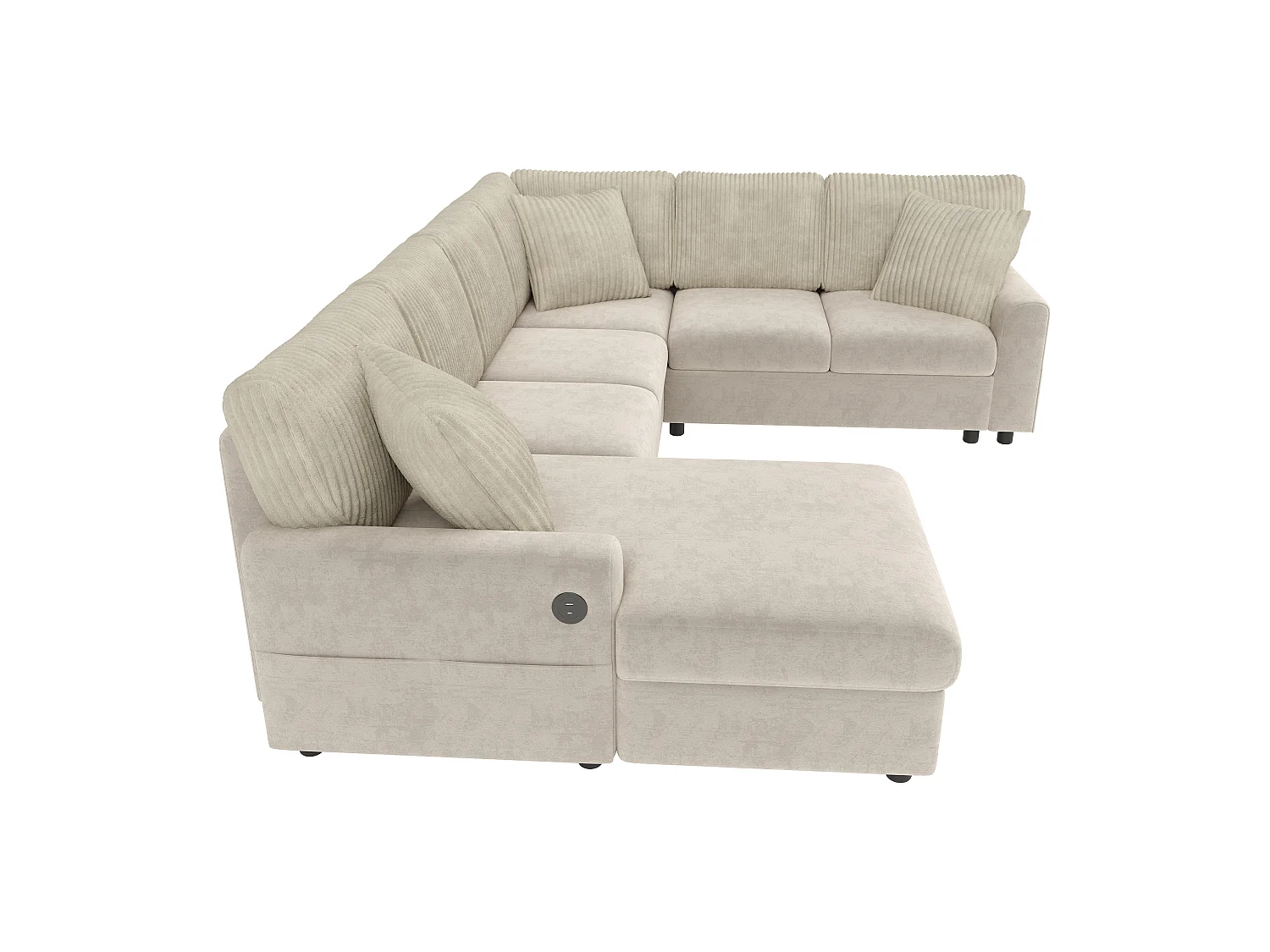 Canapé d'angle moderne en forme de U - avec 1 méridienne, 3 coussins, 1 port USB et 1 port Type-C - Chenille, velours côtelé - Beige