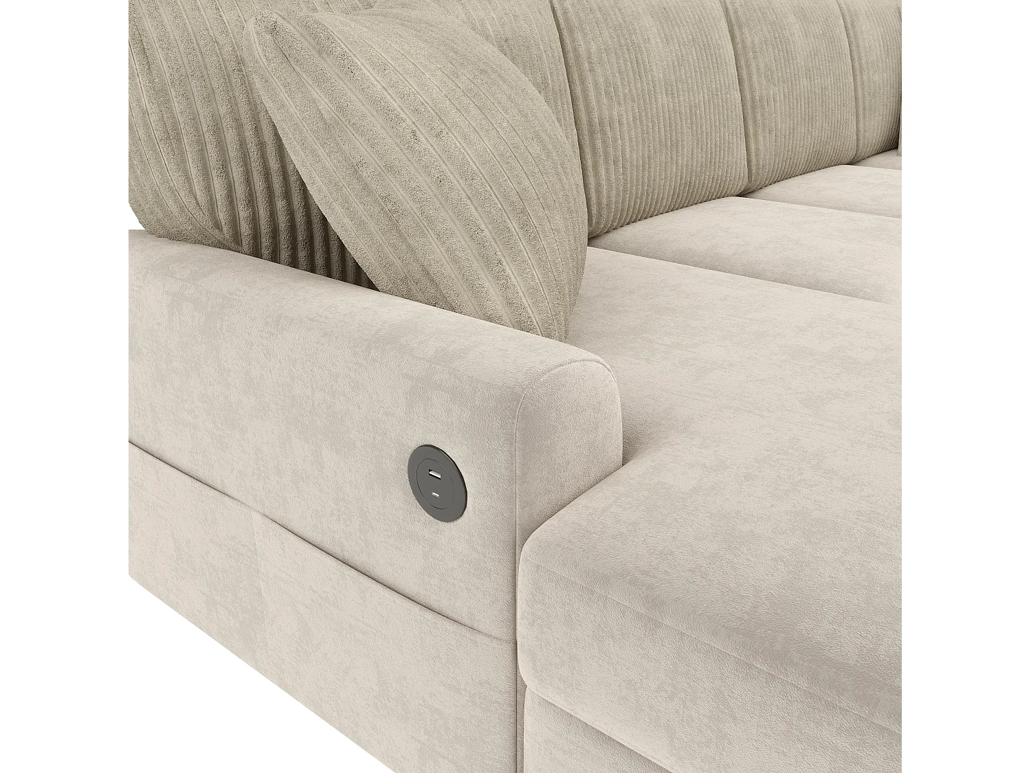 Canapé d'angle moderne en forme de U - avec 1 méridienne, 3 coussins, 1 port USB et 1 port Type-C - Chenille, velours côtelé - Beige