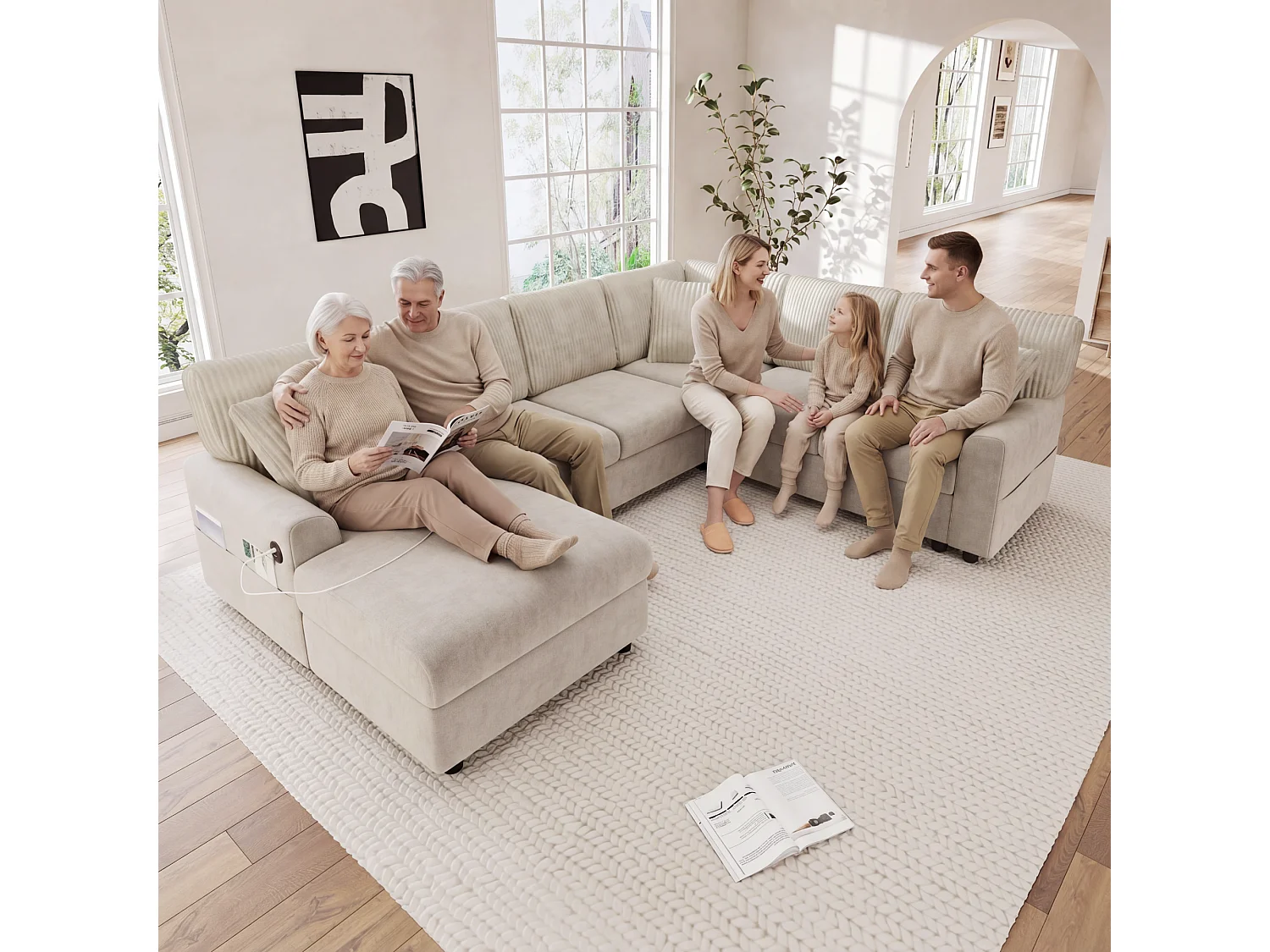 Canapé d'angle moderne en forme de U - avec 1 méridienne, 3 coussins, 1 port USB et 1 port Type-C - Chenille, velours côtelé - Beige