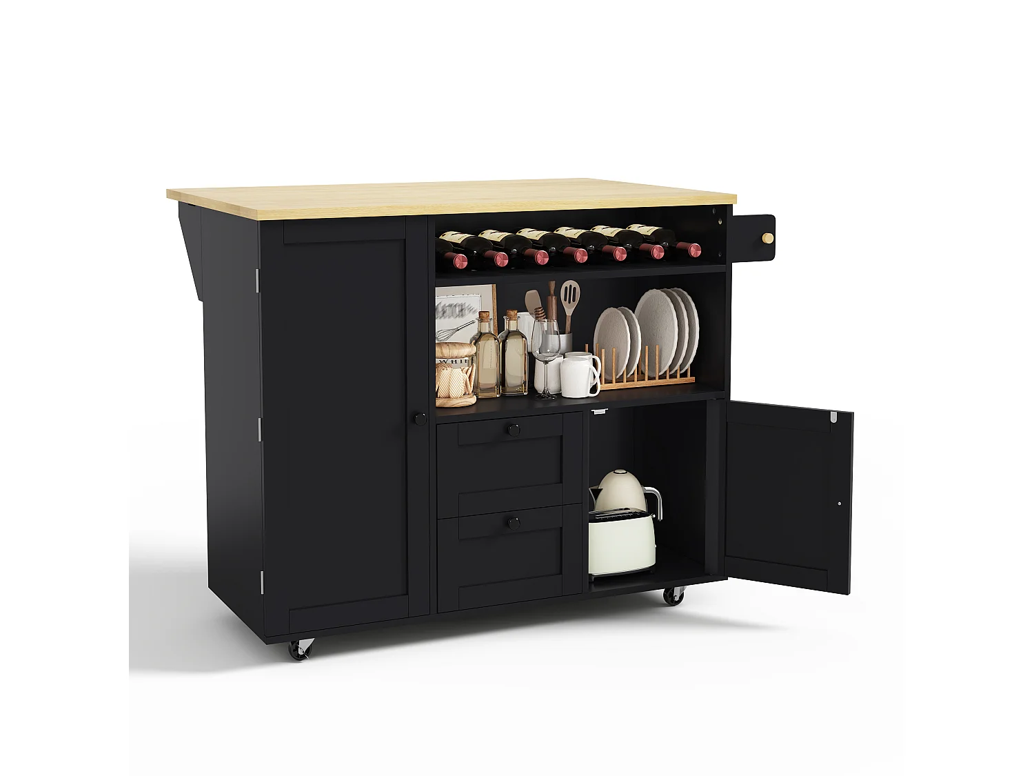 Isola centrale da cucina mobile - tavolo da pranzo pieghevole - con 2 ante e 2 cassetti - cantinetta per vino e rotelle bloccabili - Nero