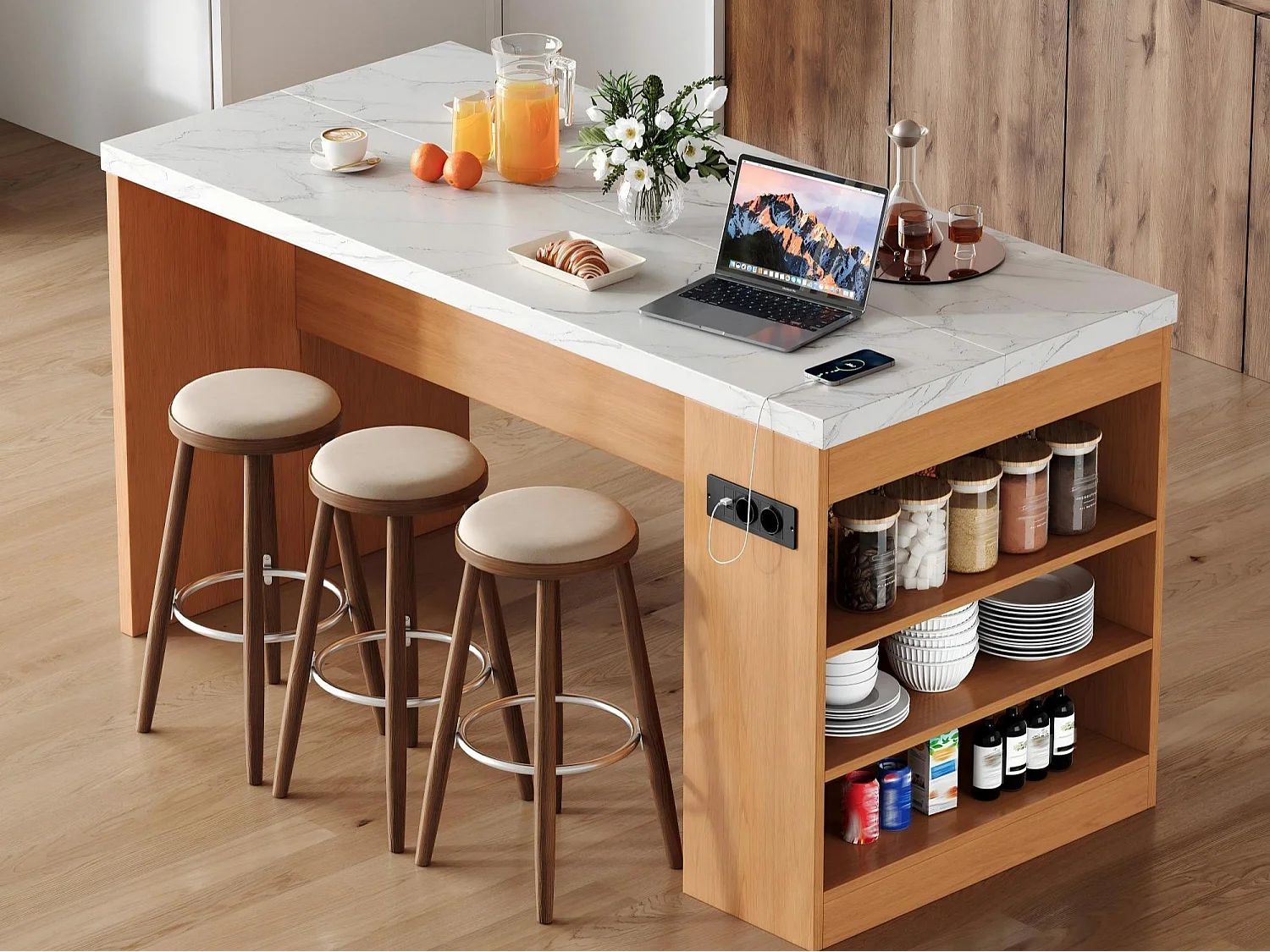 Îlot central de cuisine - avec éclairage LED et prise de courant (2xAC+2xUSB) - 3 étagères ouvertes - comptoir épais - Naturel