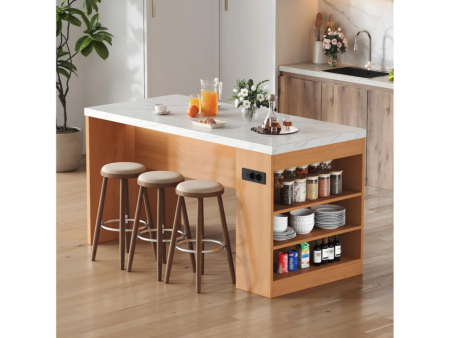 Îlot central de cuisine - avec éclairage LED et prise de courant (2xAC+2xUSB) - 3 étagères ouvertes - comptoir épais - Naturel