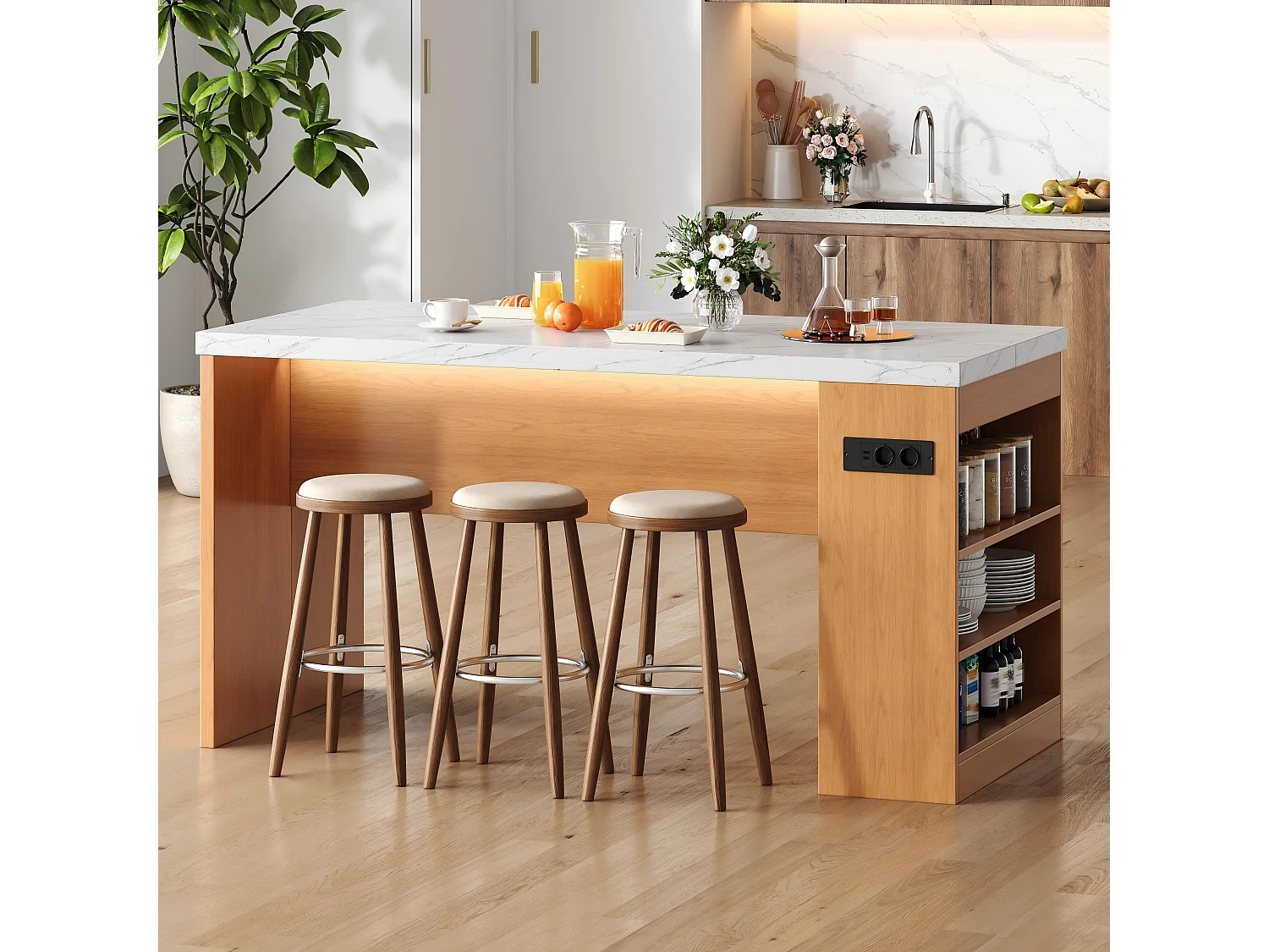 Îlot central de cuisine - avec éclairage LED et prise de courant (2xAC+2xUSB) - 3 étagères ouvertes - comptoir épais - Naturel
