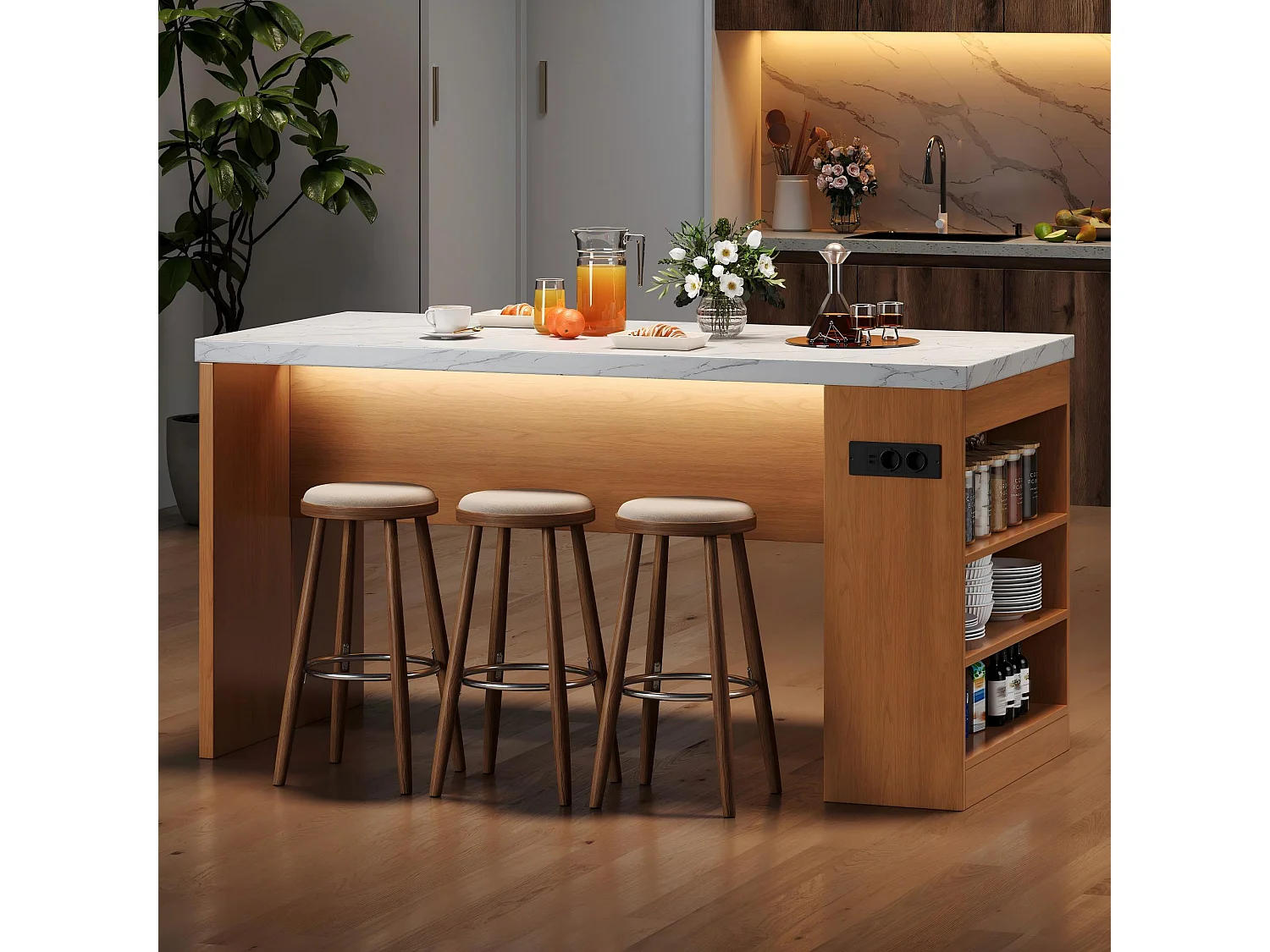 Îlot central de cuisine - avec éclairage LED et prise de courant (2xAC+2xUSB) - 3 étagères ouvertes - comptoir épais - Naturel
